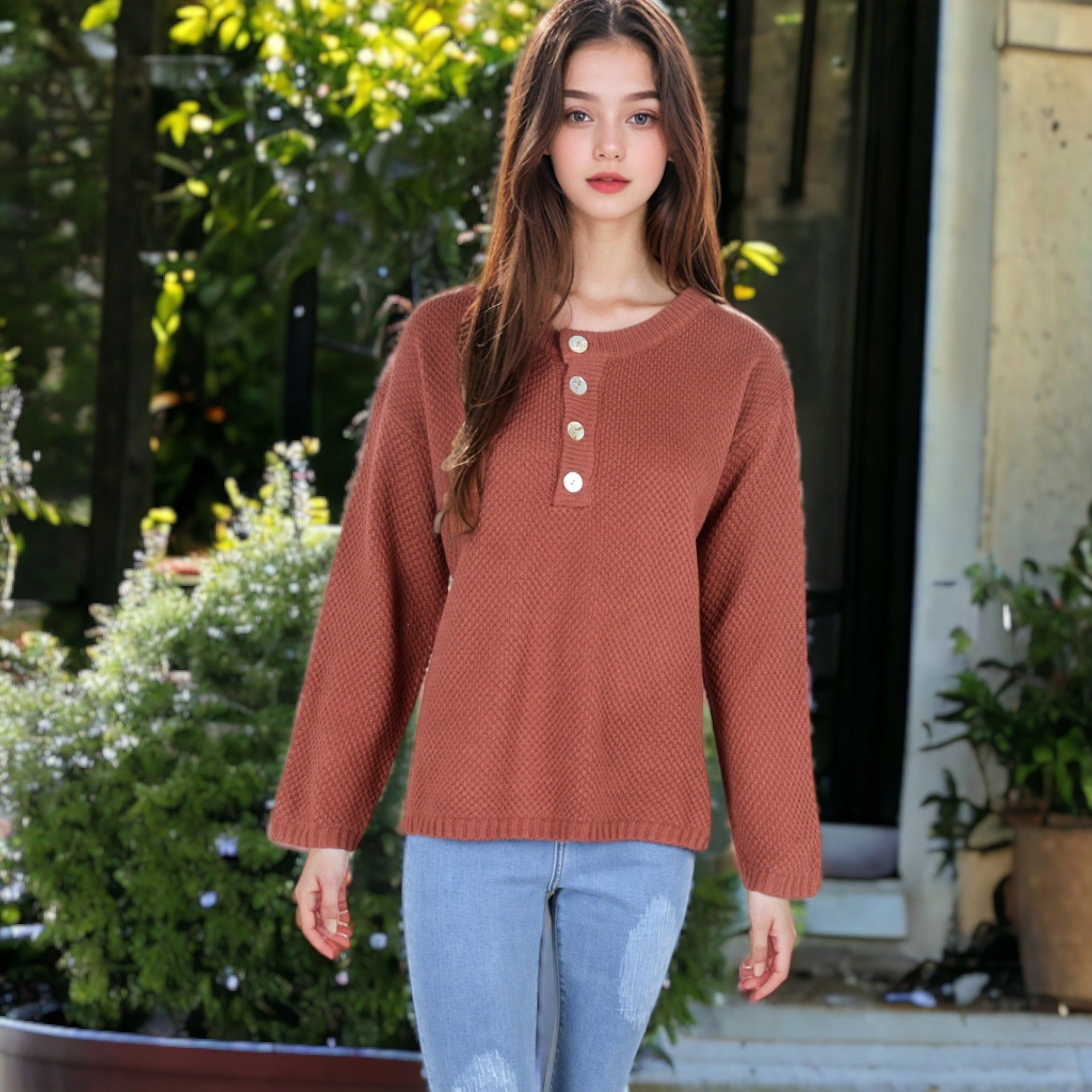 Anna-Kaci Women's Contrast Half Button Henley Down Textured Sweater