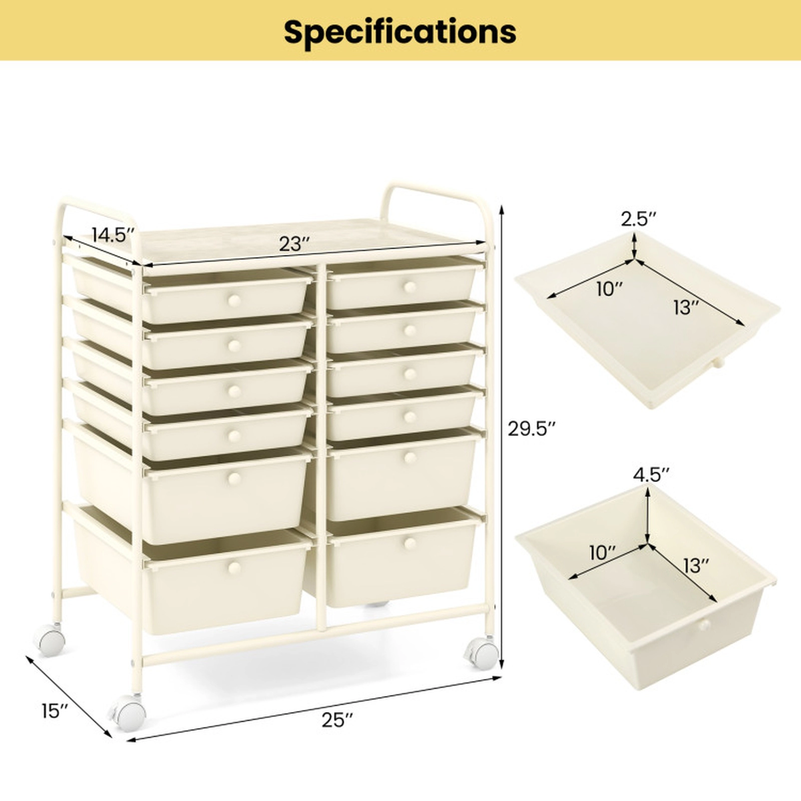 SUGIFT 12-Drawer Rolling Storage Cart with Lockable Wheels and Two Drawer Depths