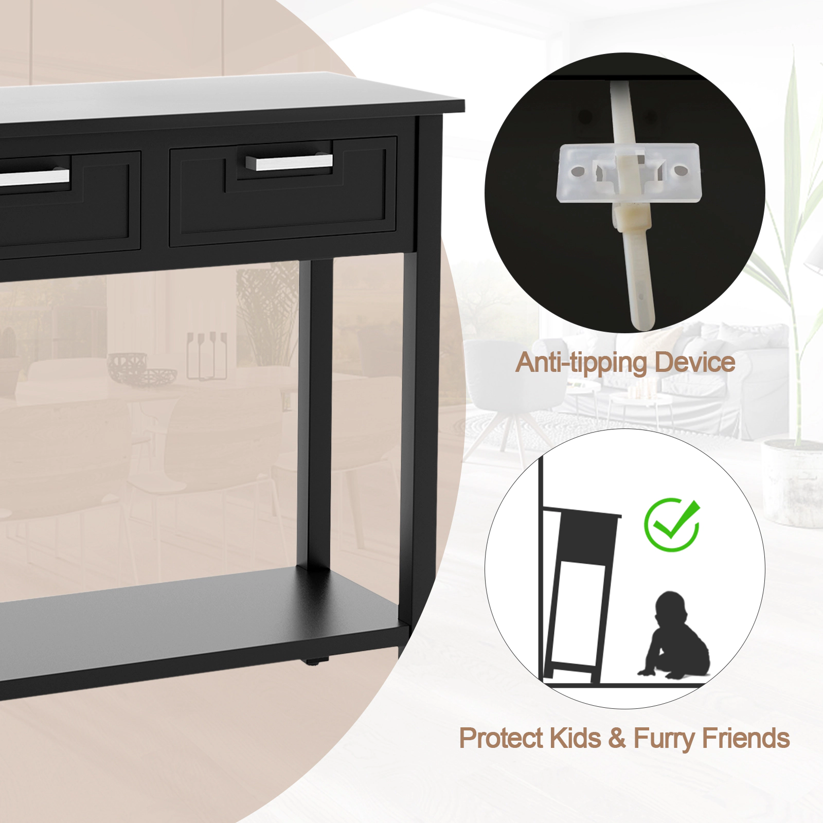 SUGIFT 31.5-in 110-lb Capacity Black Solid Wood Leg Console Sofa Table with 2 Drawers and Bottom Shelf