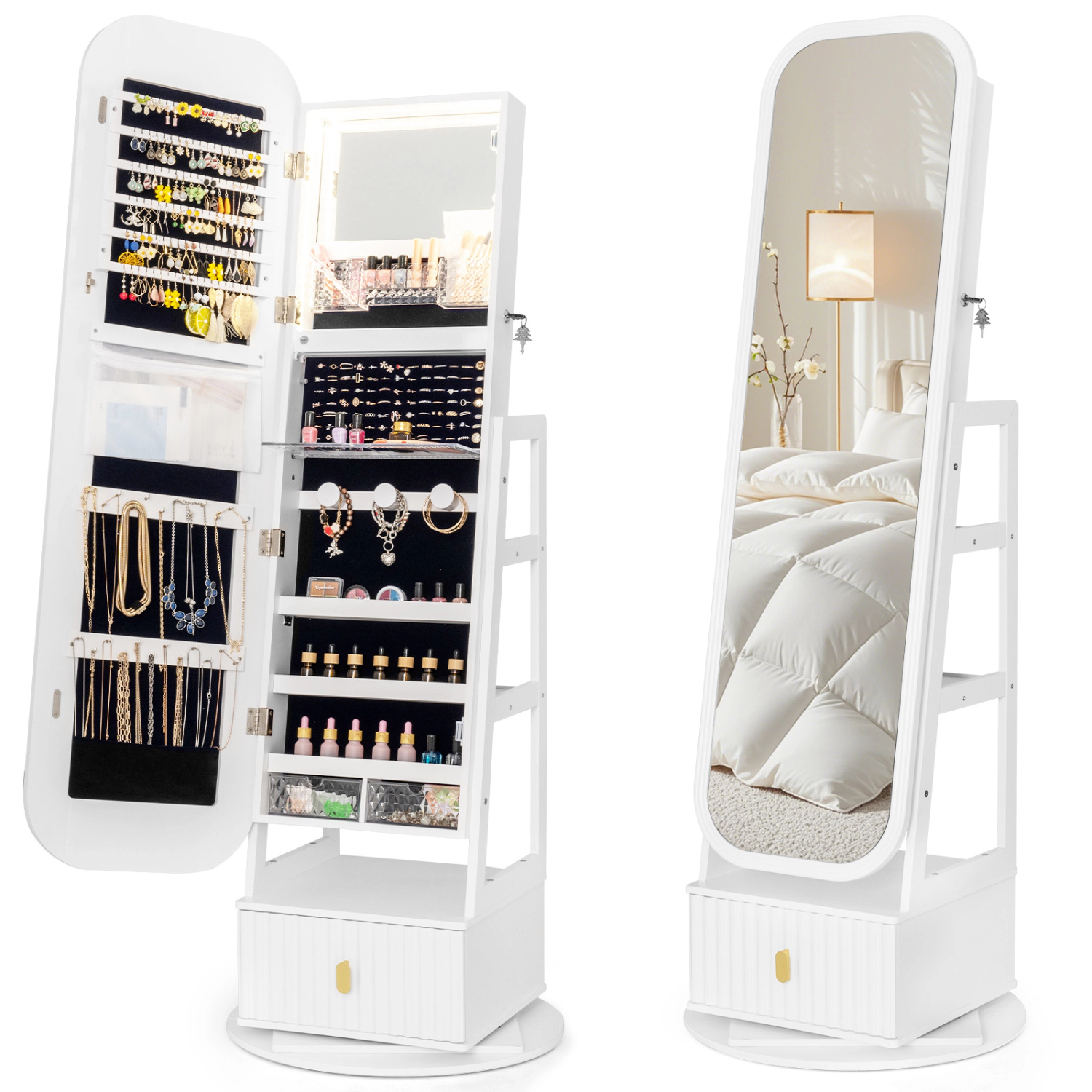 LJG 360° Swivel Jewelry Cabinet with Full-Length Mirror and Dual Hooks