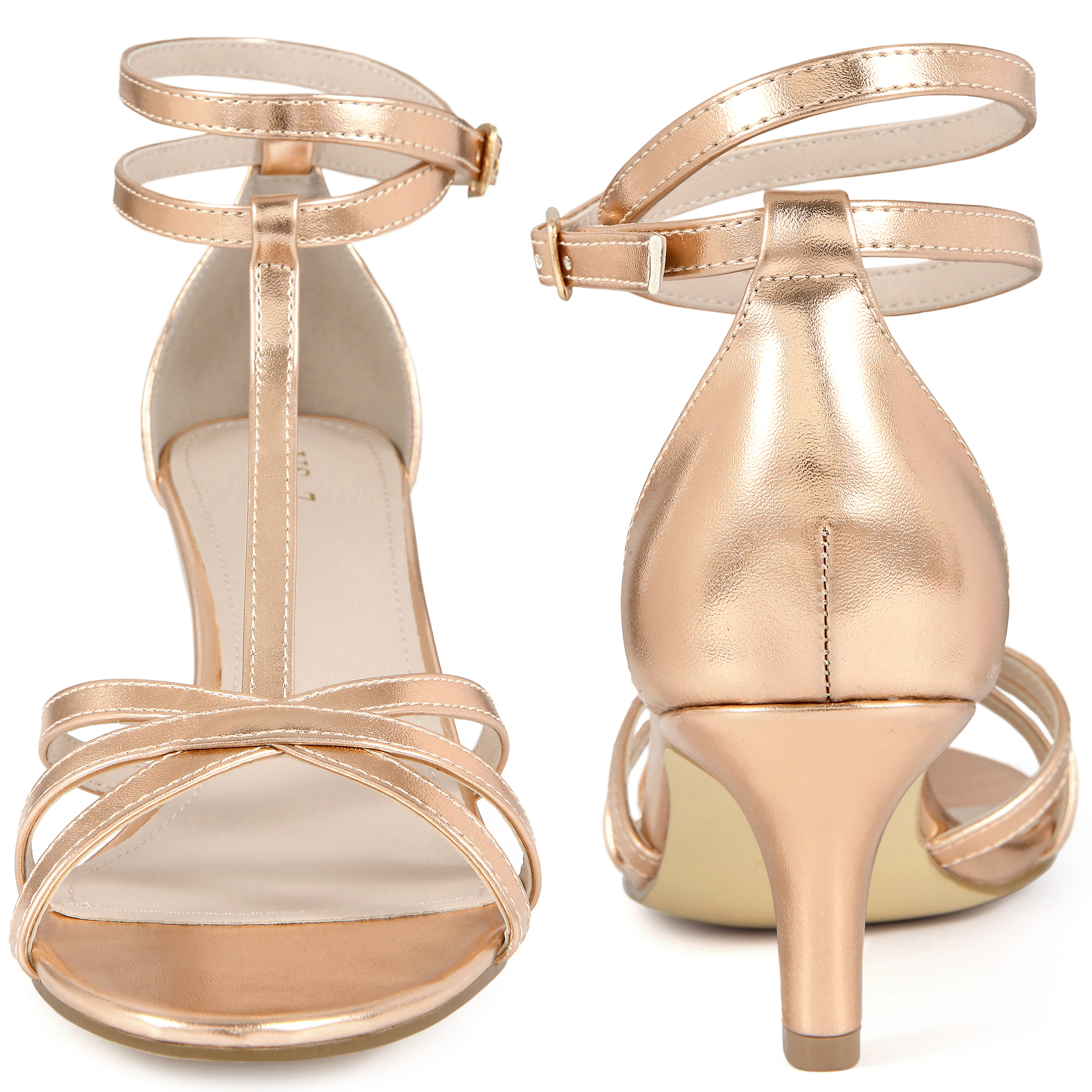 BLISSFUL STEP Women's Open Toe Strappy Metallic Kitten Heel Ankle Strap Sandals