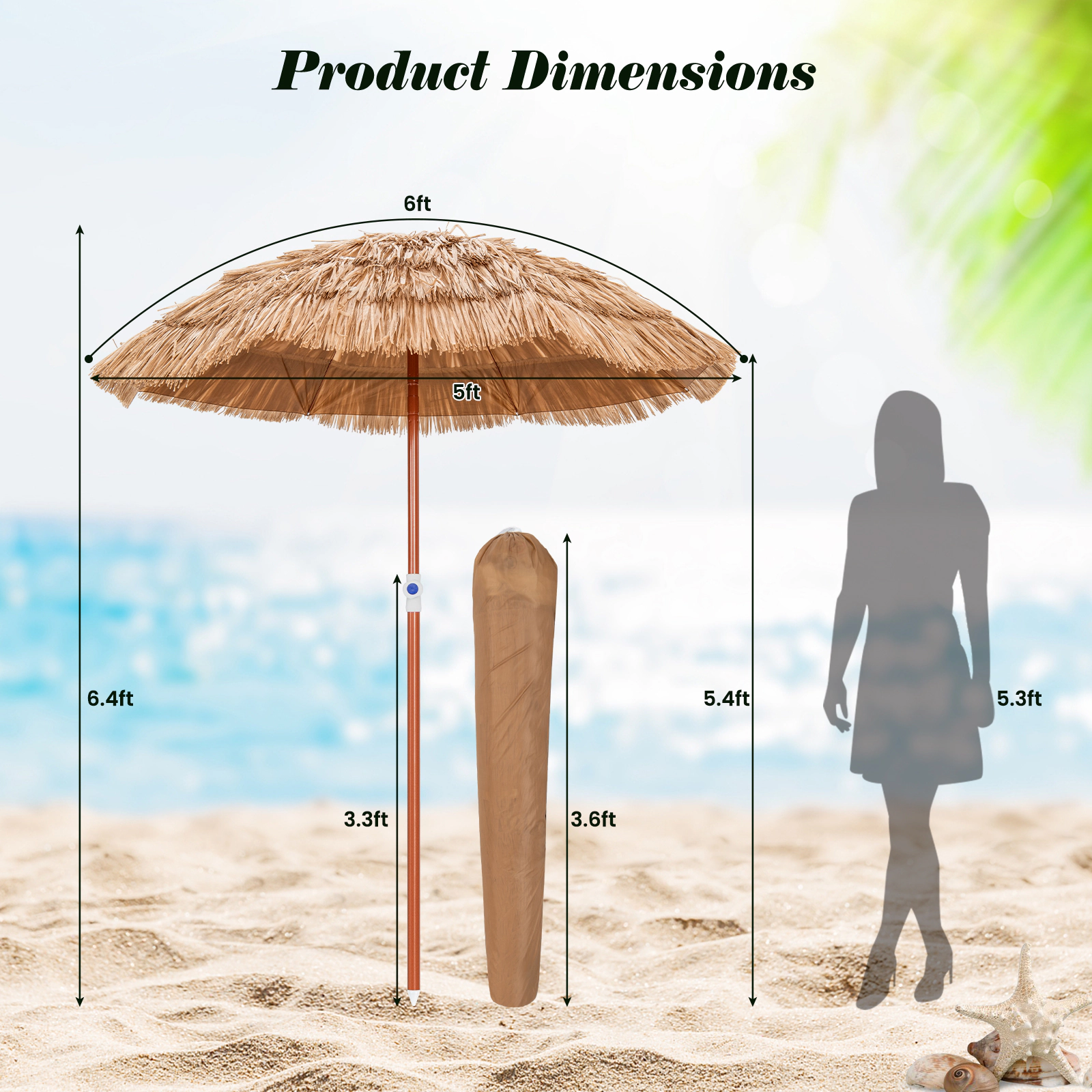 SUGIFT Natural 40-Degree Tilt Push Button Lift and Carrying Bag 6 FT Thatched Patio Umbrella