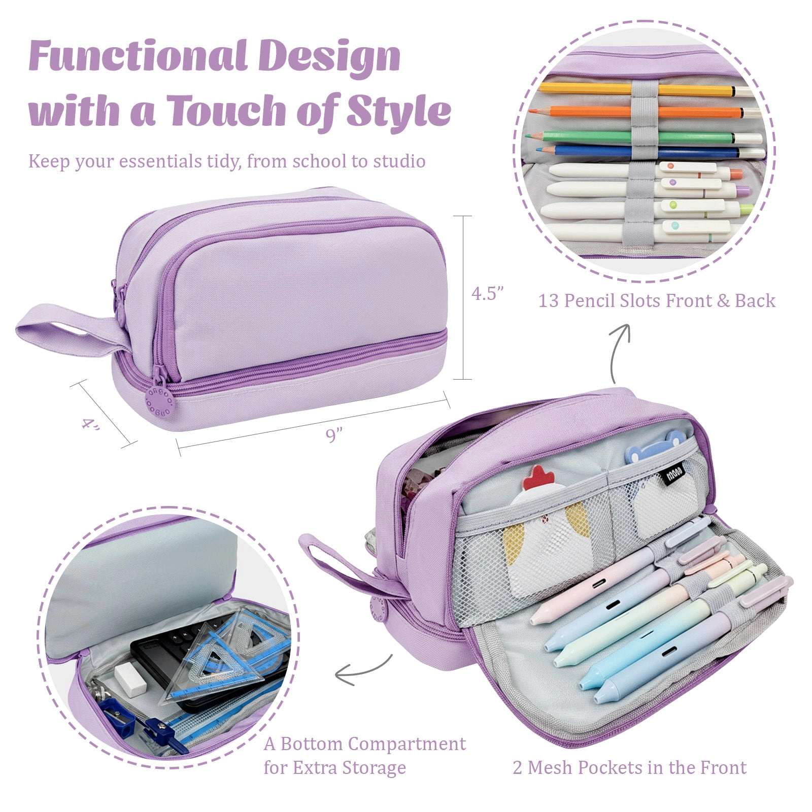 Wrapables 4-Compartment Pencil Case Set with Colorful Bear Highlighters