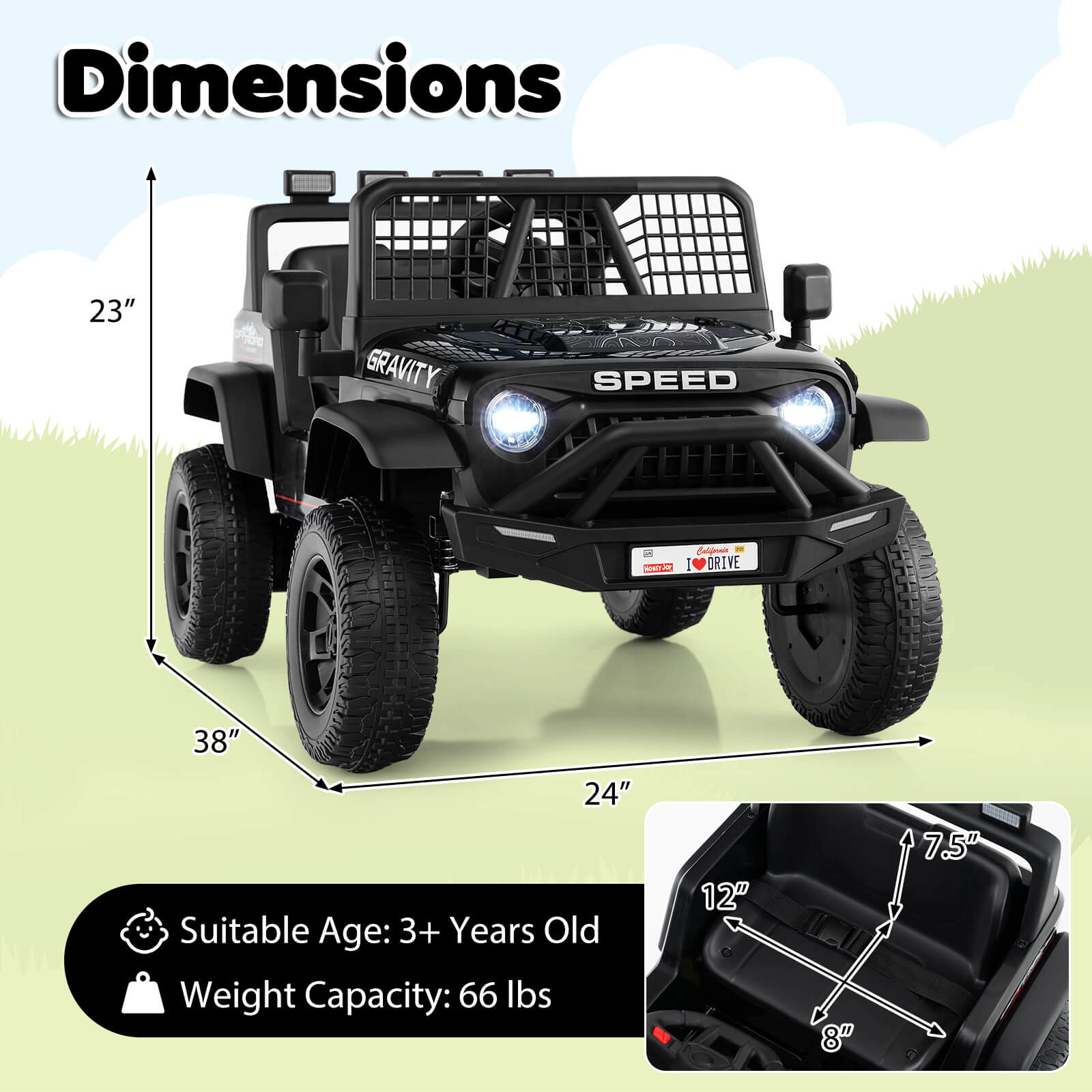 Costway 24V Ride On Car with Remote Control Music LED Headlights Spring Suspension for Kids Black