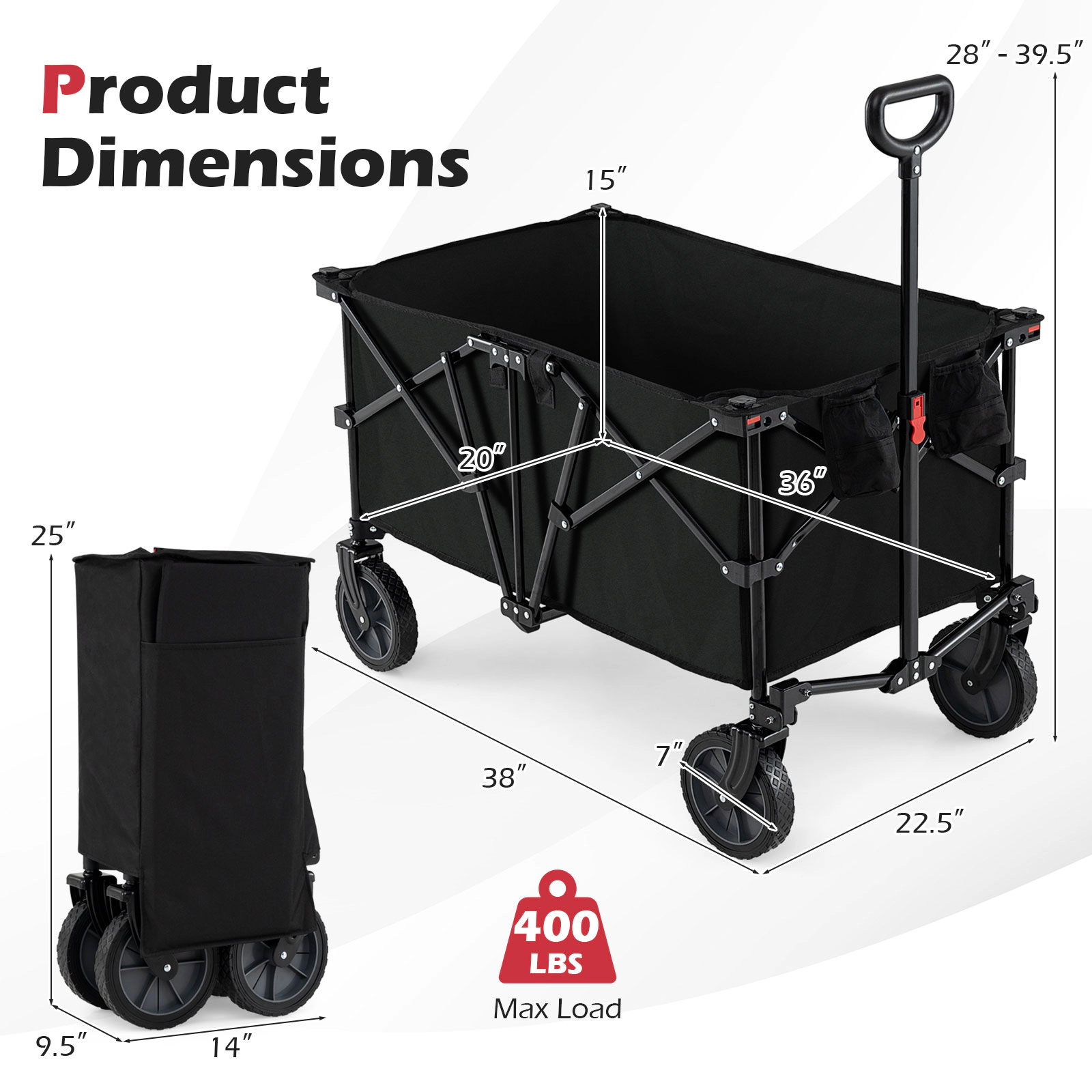 SUGIFT Black 400-lb Capacity Collapsible Foldable Utility Wagon Cart with Zippered Cover and Cup Holders