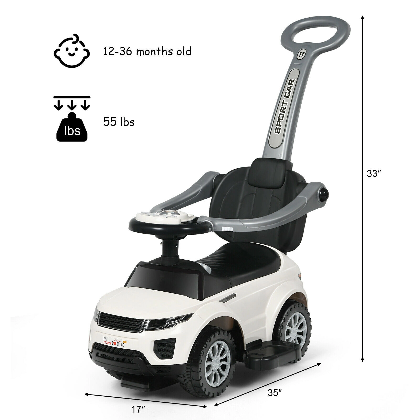 SUGIFT 3-in-1 Ride-On Push Car Toddler Stroller Sliding Car 35-in Frame 55-lb Capacity Ages 12-36 Months Black