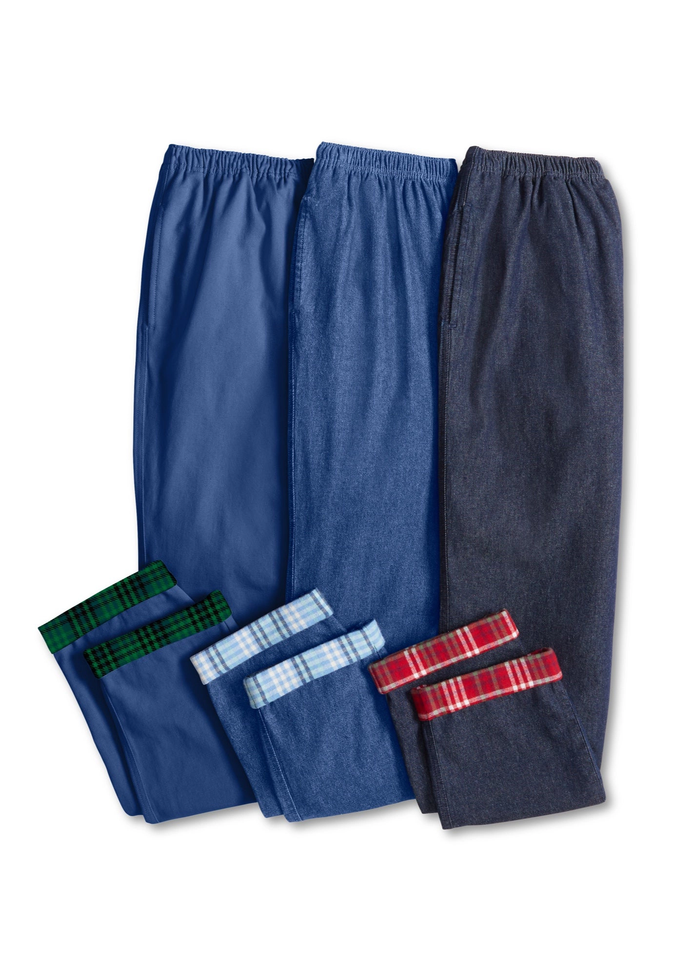 Woman Within Plus Elastic-Waist Cotton Straight Leg Denim Pant with Flannel Lining