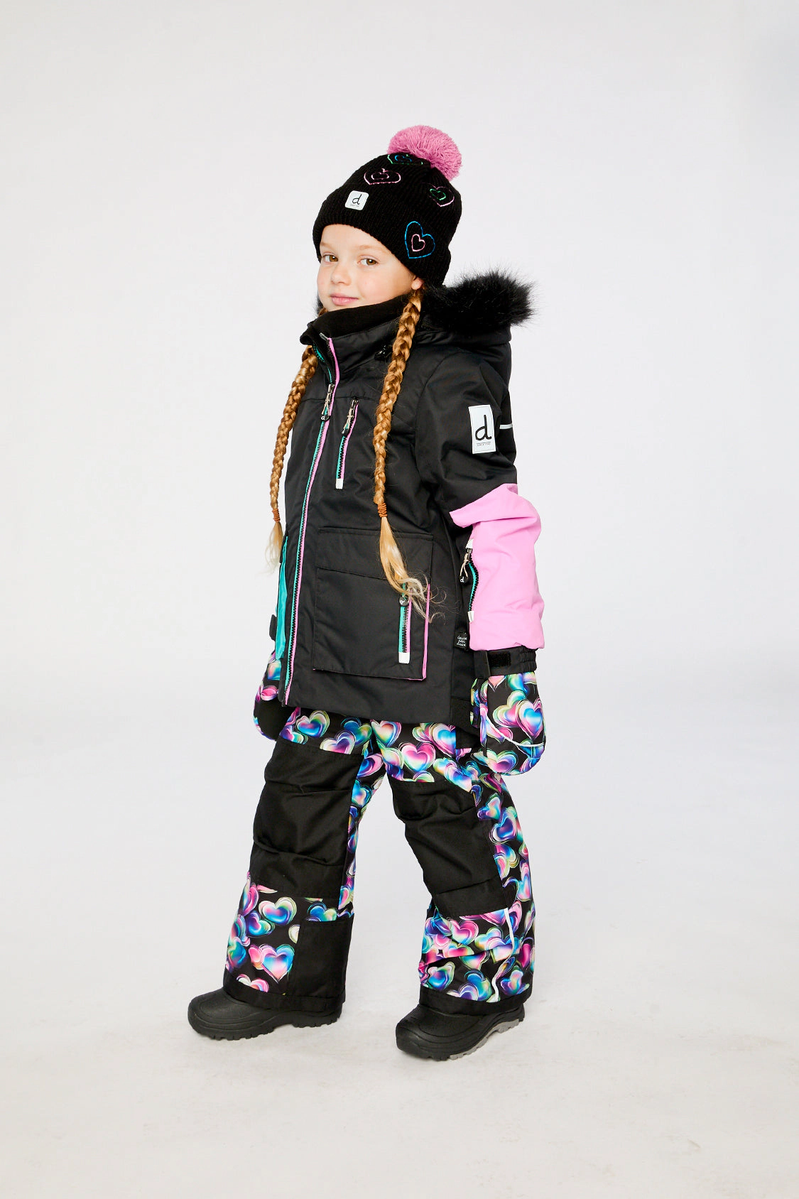 Deux par Girls Colorblock Two Piece Play Snowsuit with Hooded Jacket and Heart Print Snow Pants