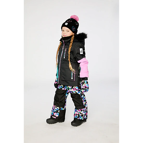 Deux par Deux Girls Colorblock Two Piece Play Snowsuit with Hooded Jacket and Heart Print Snow Pants