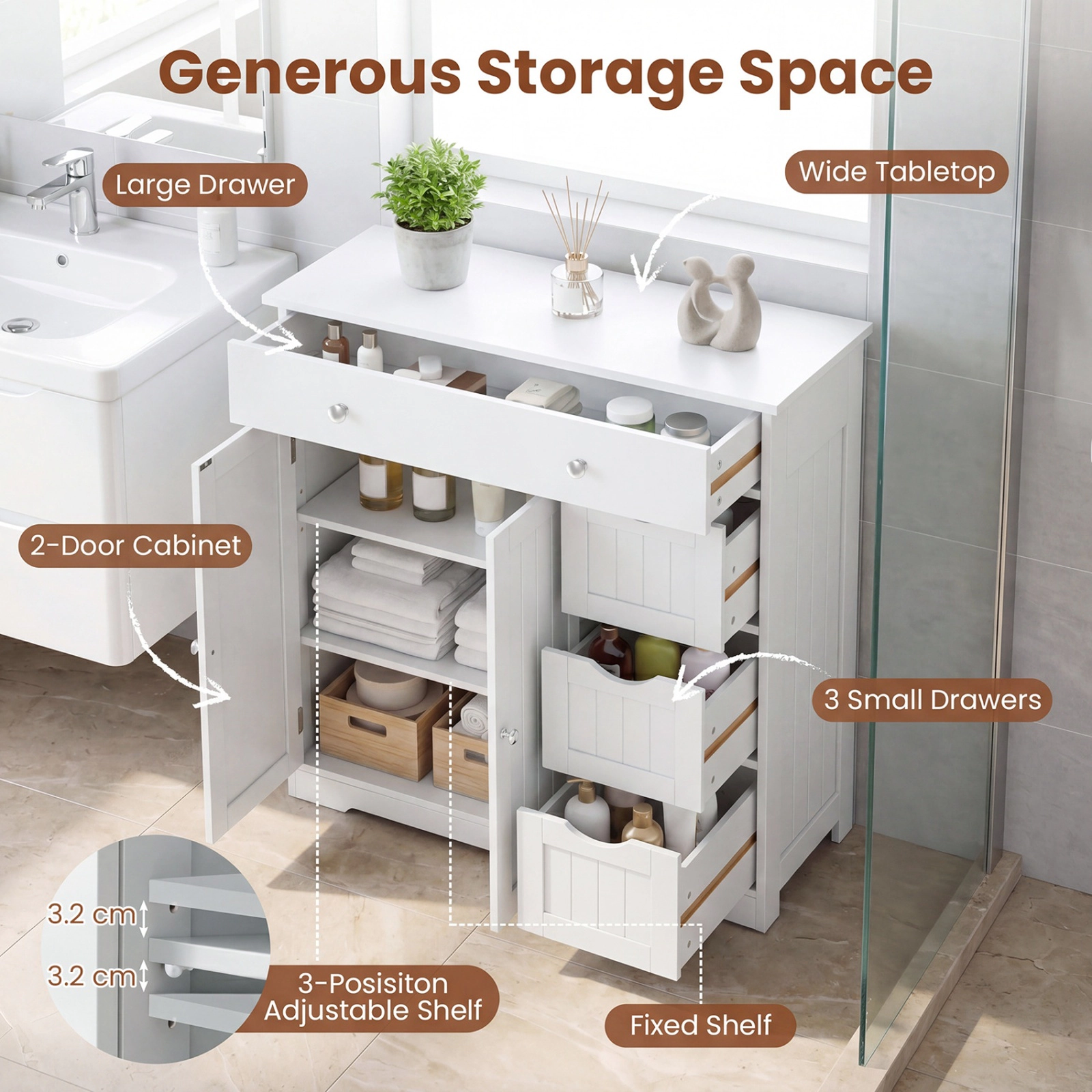SUGIFT White 320-lb Capacity 4-Drawer 2-Door Bathroom Floor Storage Cabinet with Fixed and Adjustable Shelves