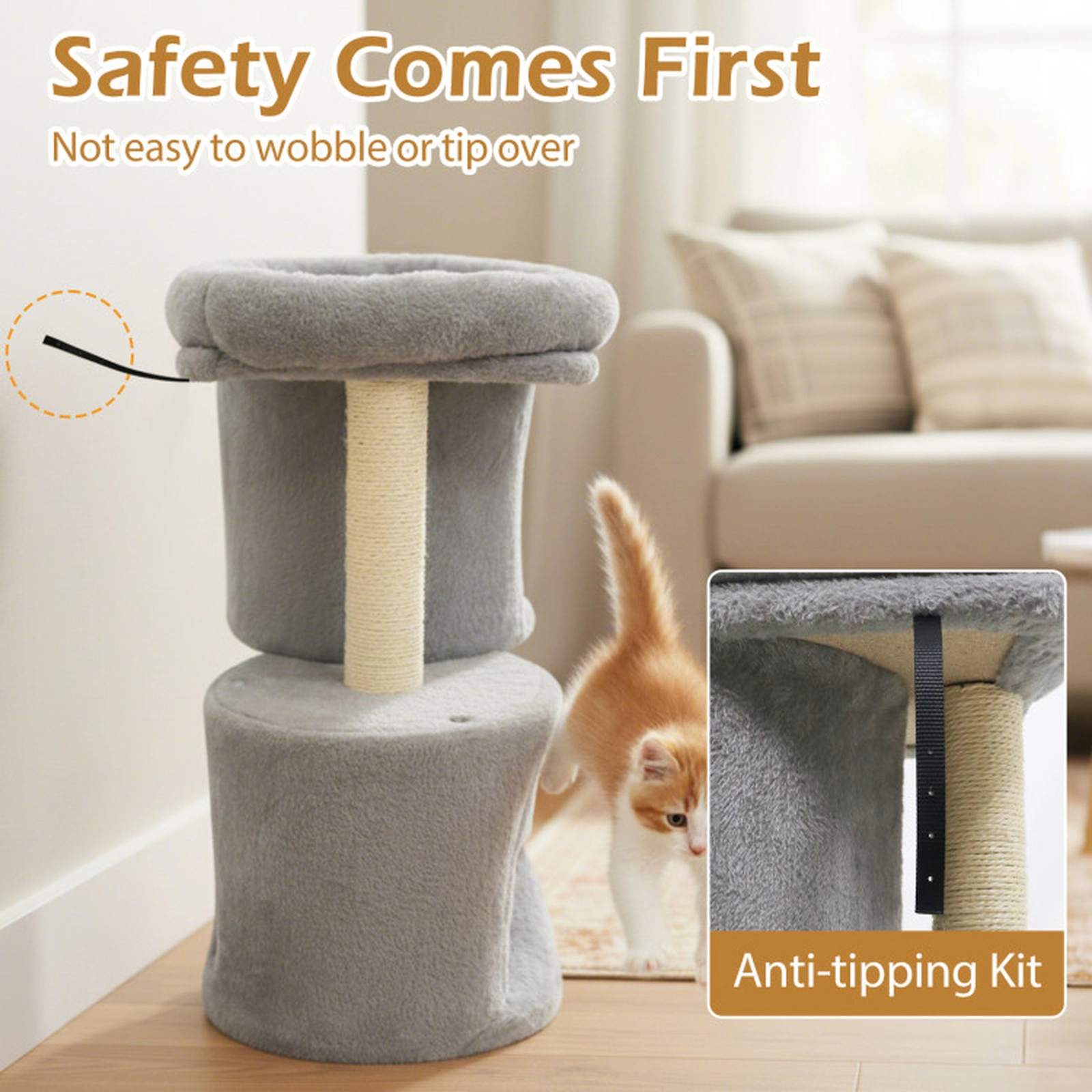SUGIFT Multi-Level Cat Tree Tower with Large Padded Plush Perch Dual Condos 29-lb Capacity Light Gray 26-in Tall