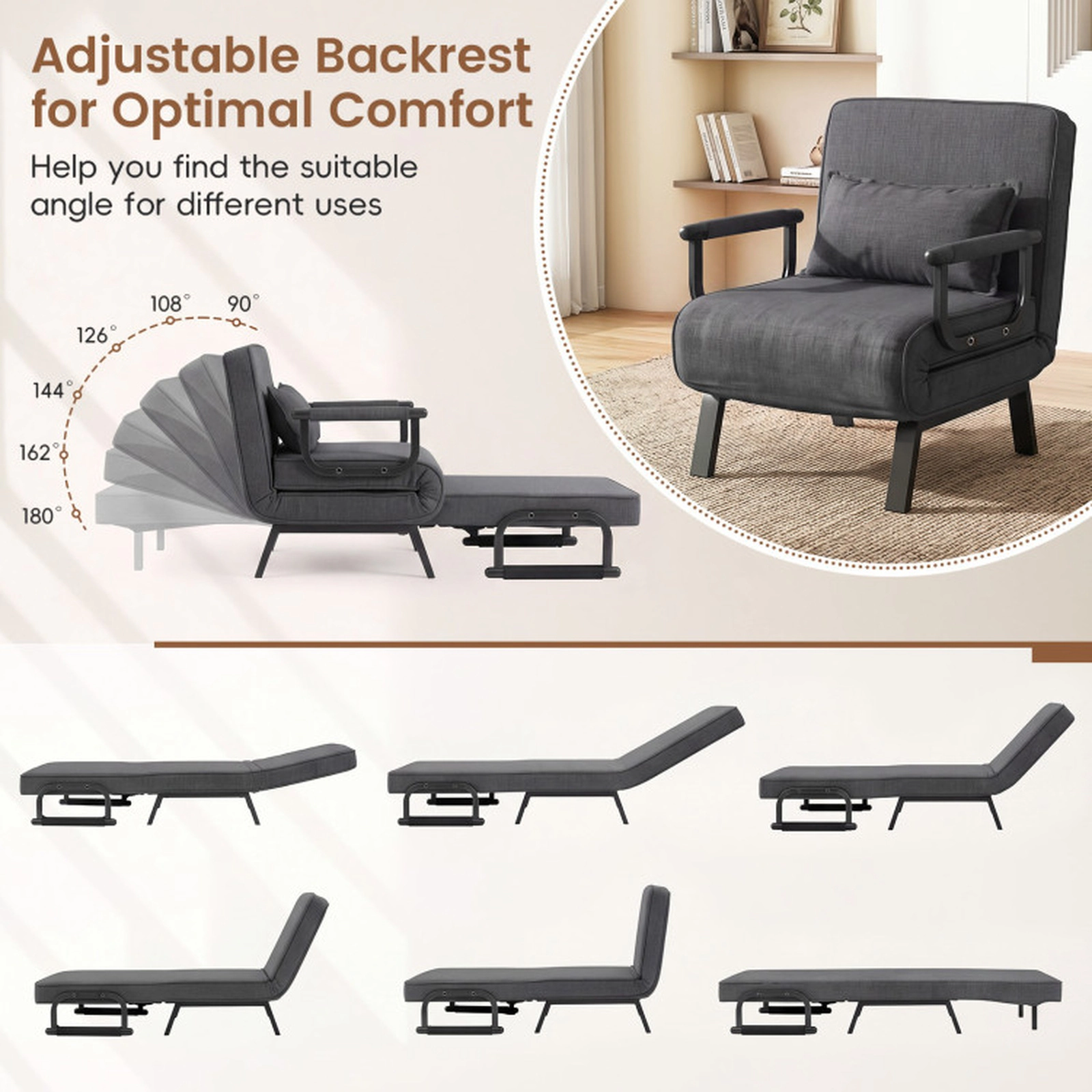 SUGIFT Gray 3-in-1 Folding Sofa Bed Chair with Adjustable Backrest and Pillow