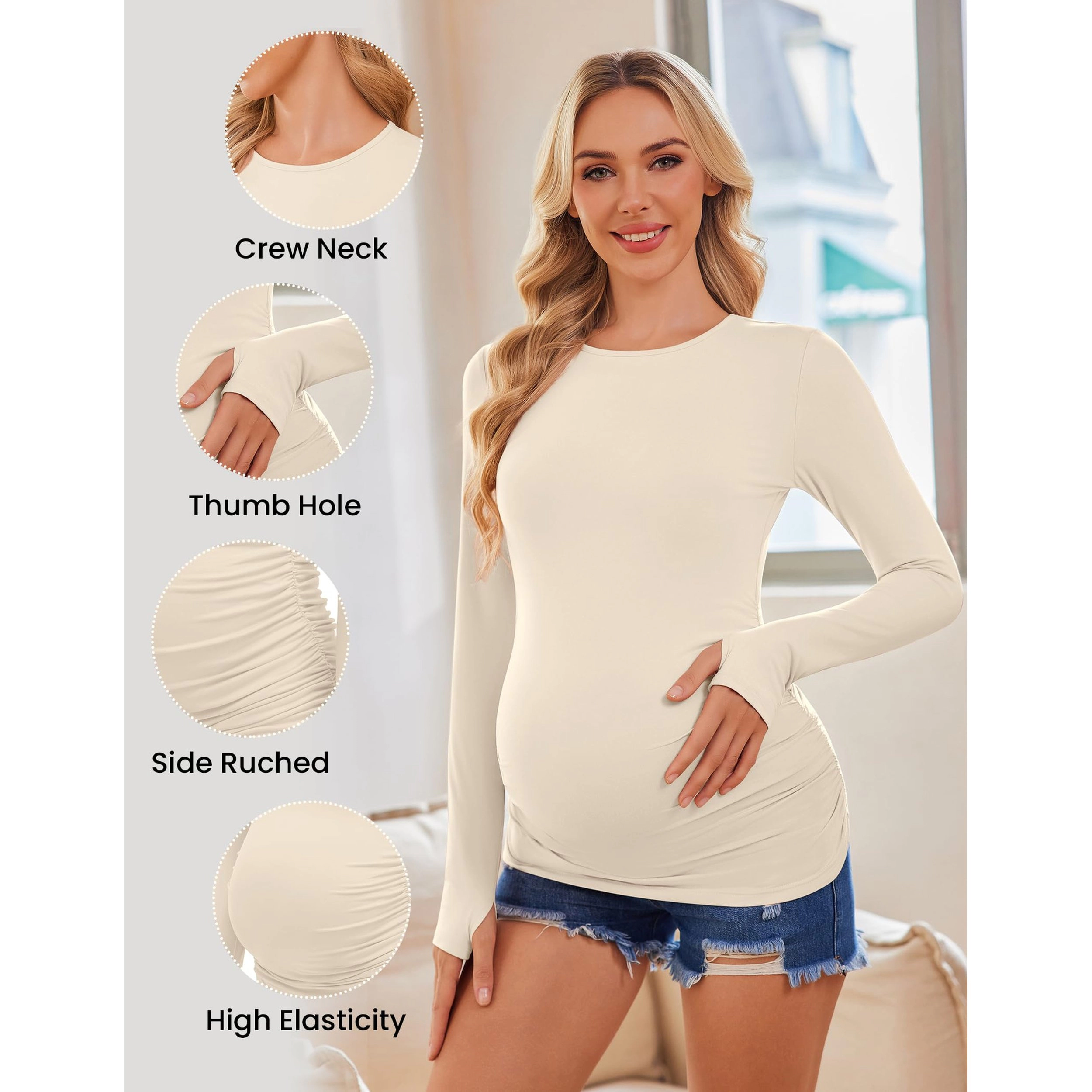 Ekouaer Women's Maternity Long Sleeve Crew Neck T-Shirt 3 Pack