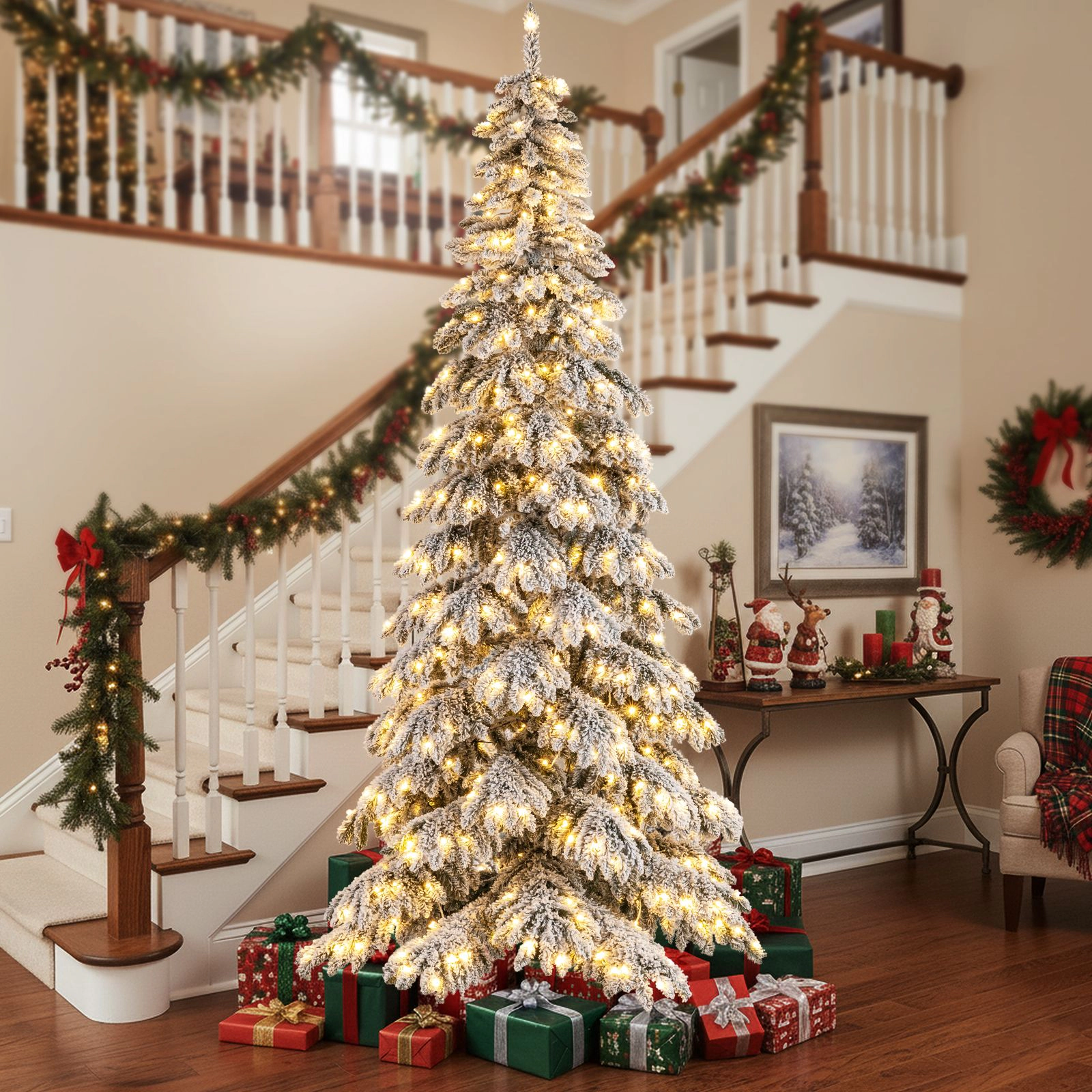 SlickBlue White Snow Flocked Christmas Tree with Foot Pedal Control