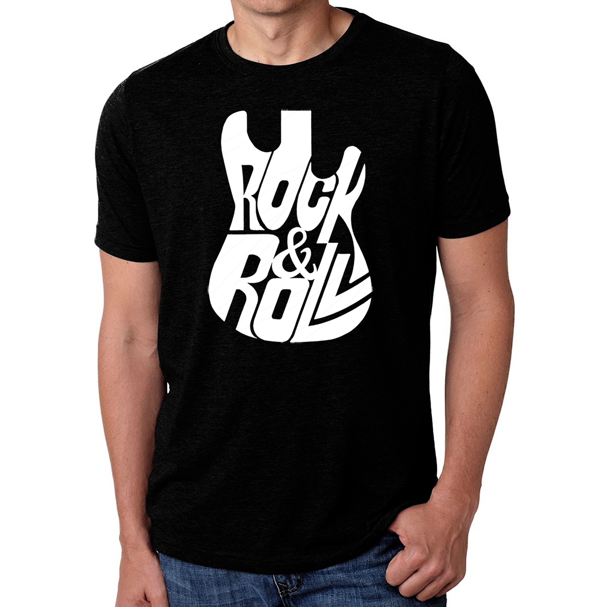 LA Pop Art Men's Cotton-Poly Word T-Shirt - Rock and Roll Guitar