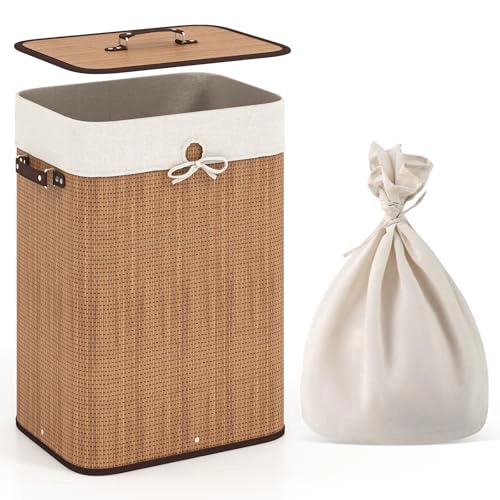 Glintex 19-Gallon Bamboo Clothes Hamper with Reinforced Base and Lidded Top, Natural