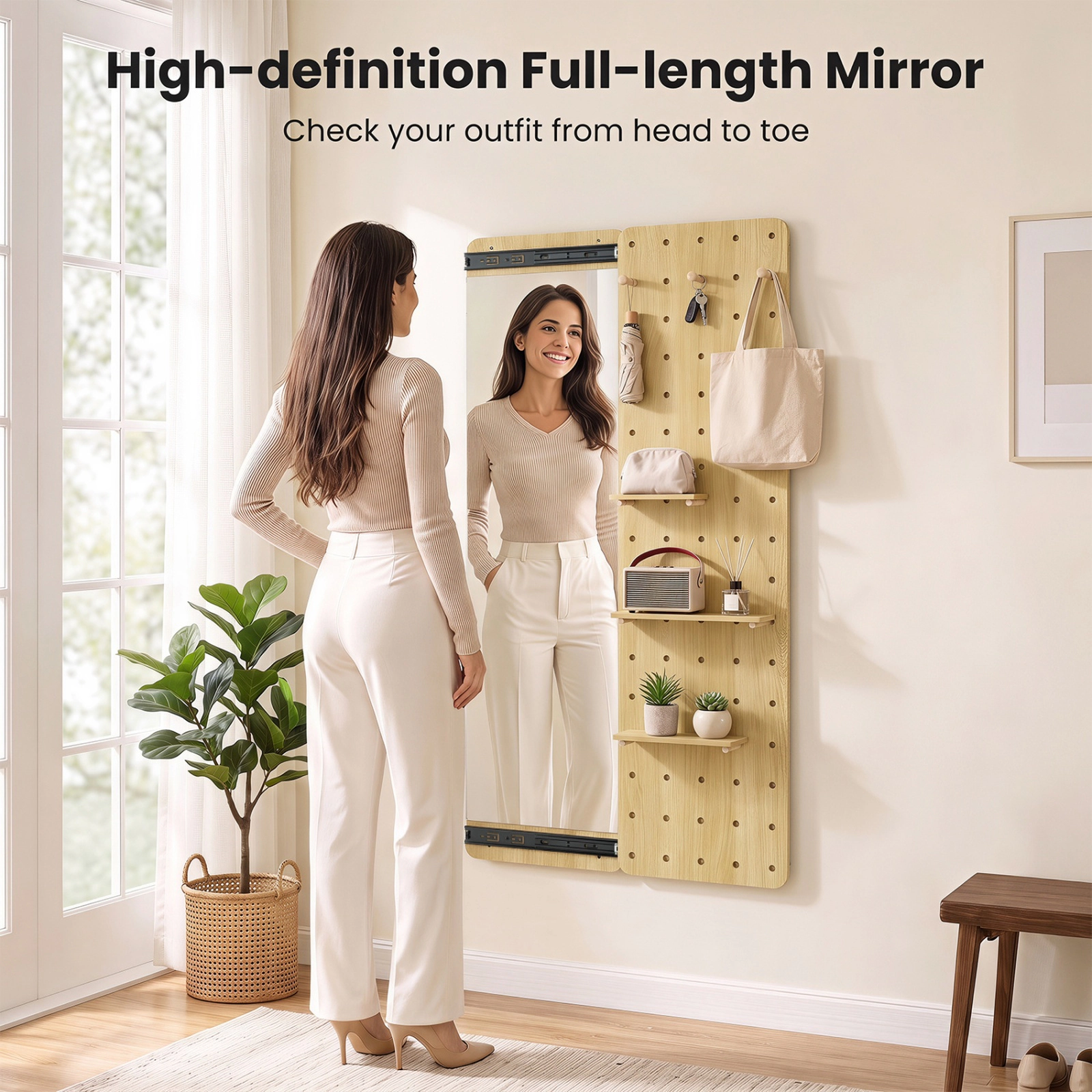 SUGIFT Solid Wood Full Length Mirror Natural with Pegboard Shelves and Hooks