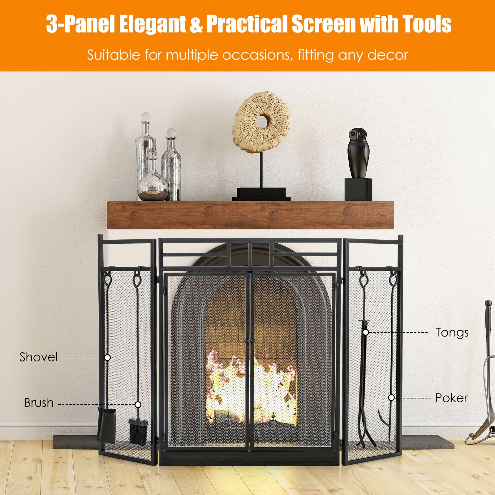SUGIFT 48.5-in 3-Panel Folding Wrought Iron Fireplace Screen with 4-Piece Fire Tool Set in Black