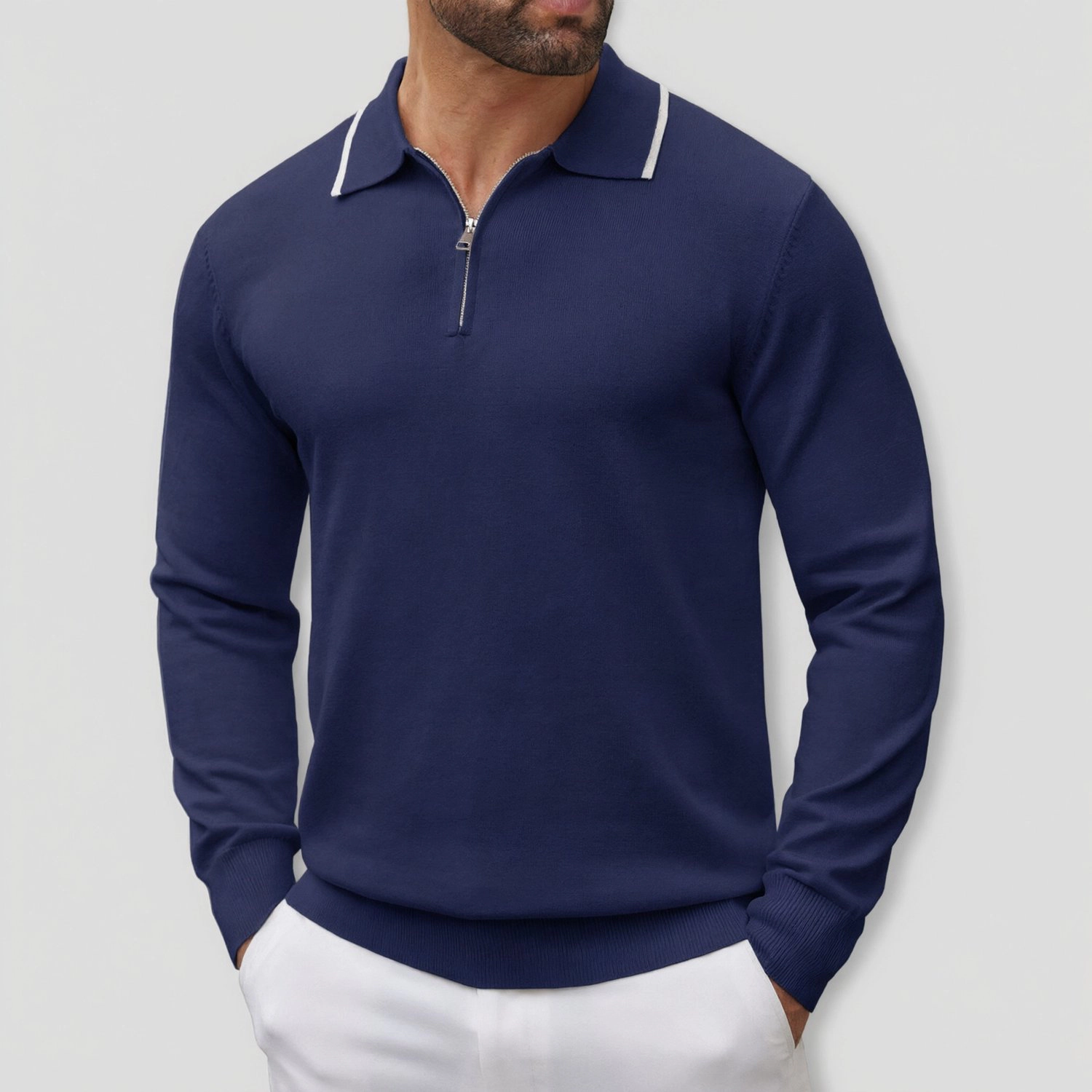 COOFANDY Quarter Zip Long Sleeve Polo Shirt Contrast Collar Casual Fall Tops