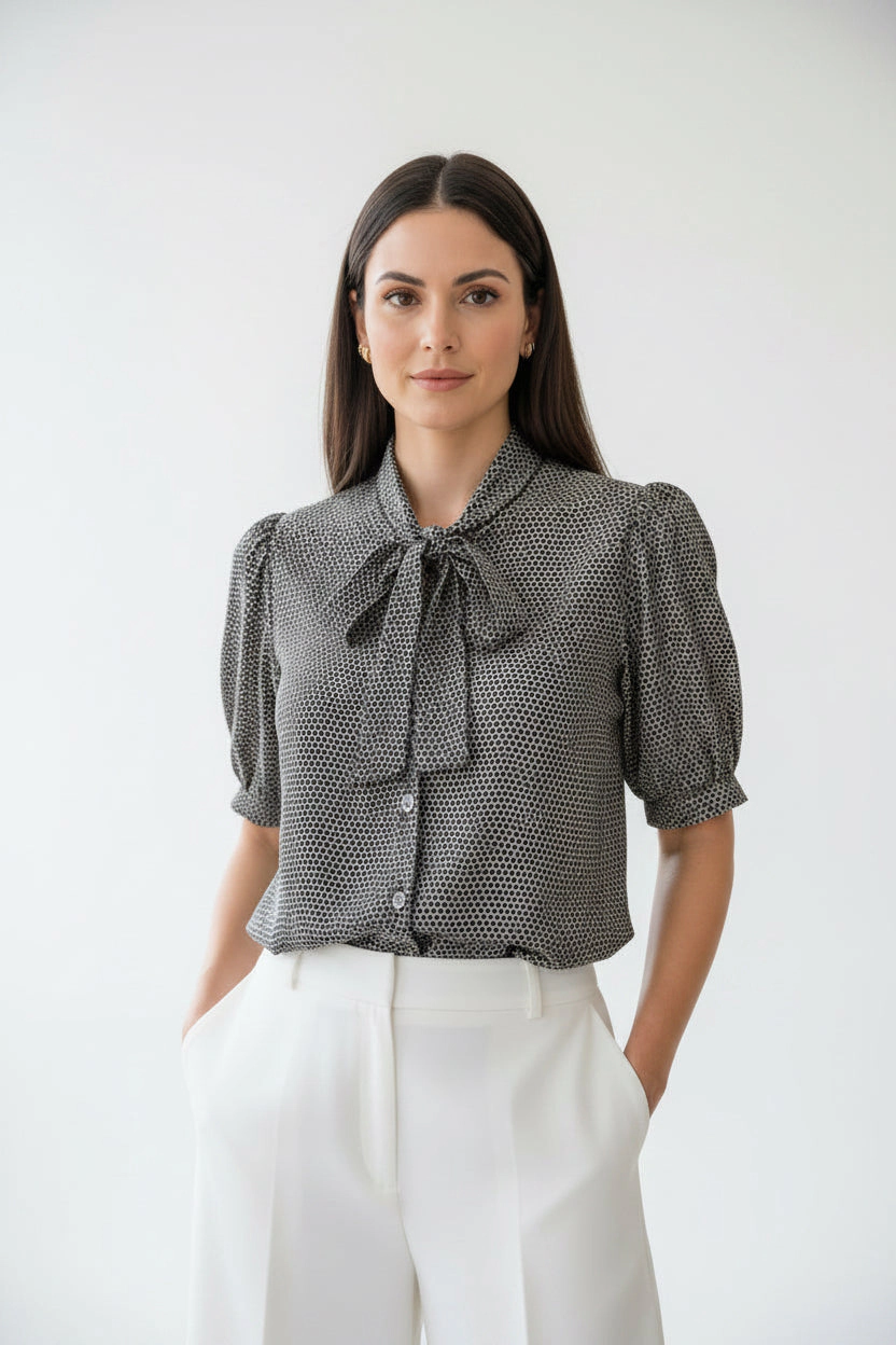 DressAtR Women's Tie Neck Button Front Elbow Sleeve Blouse