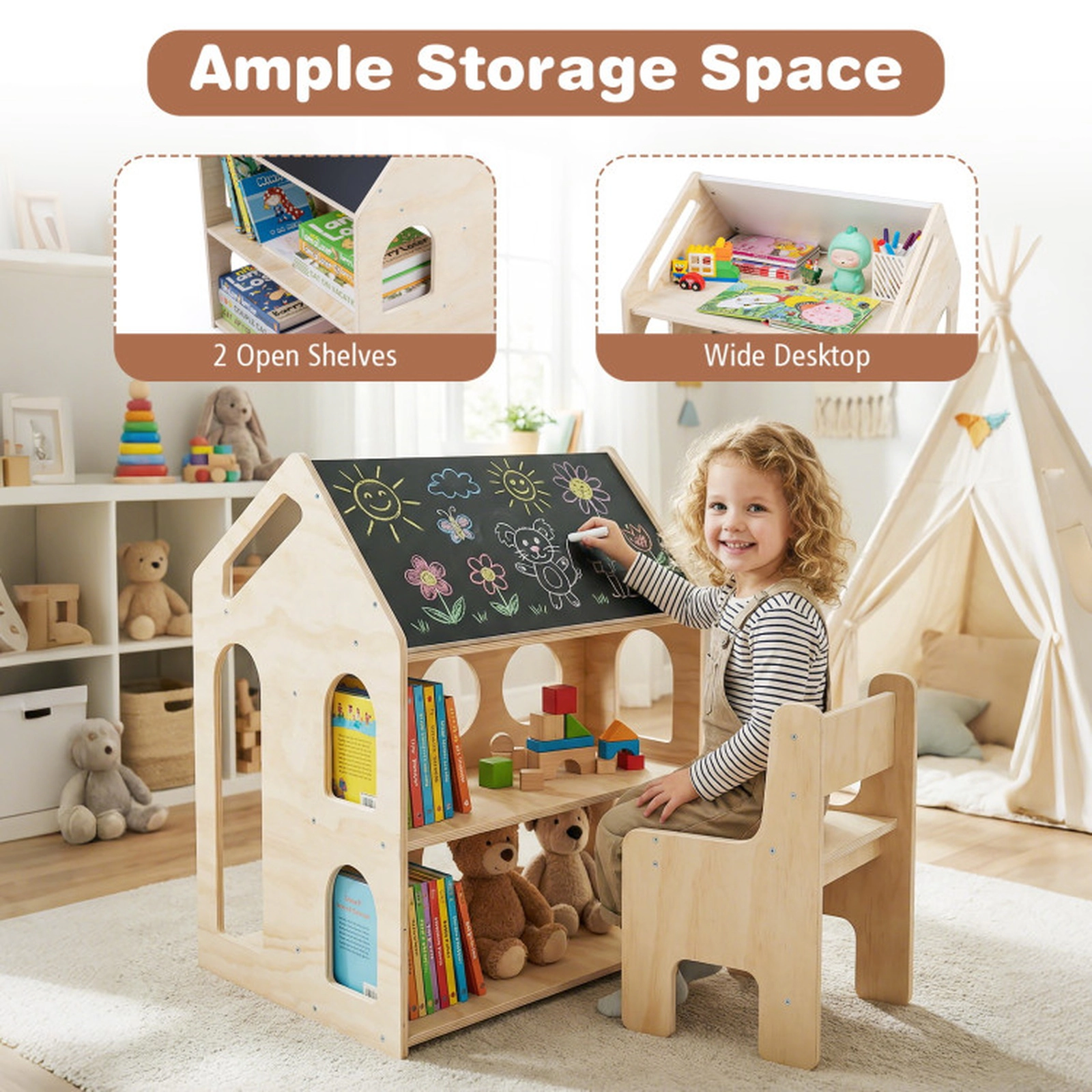 SUGIFT Natural Chalkboard and Shelves Kids House-Shaped Wooden Activity Table and Chair Set