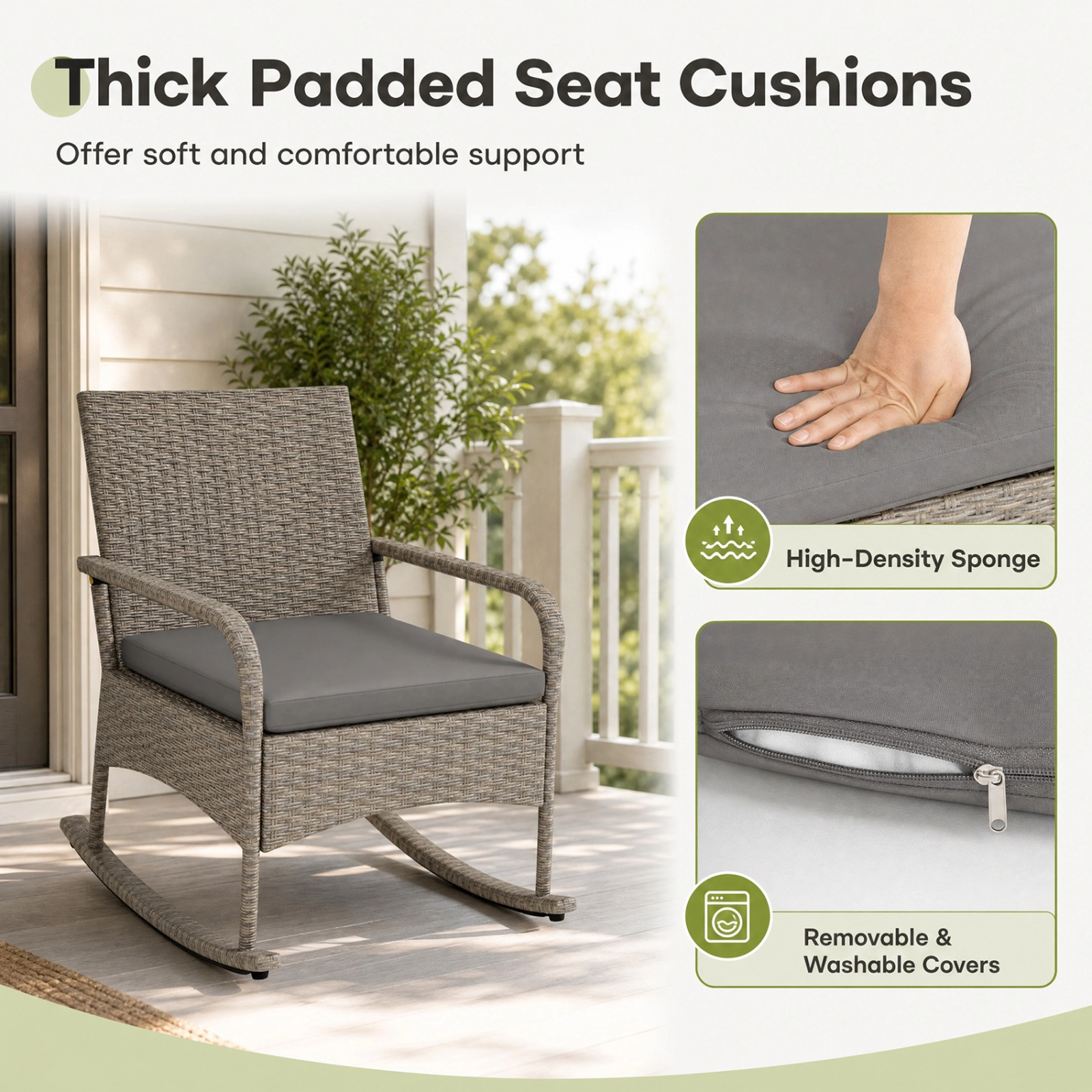 SUGIFT Gray Cushions and Glass Top Table for Garden 3-Piece Wicker Rocking Bistro Set