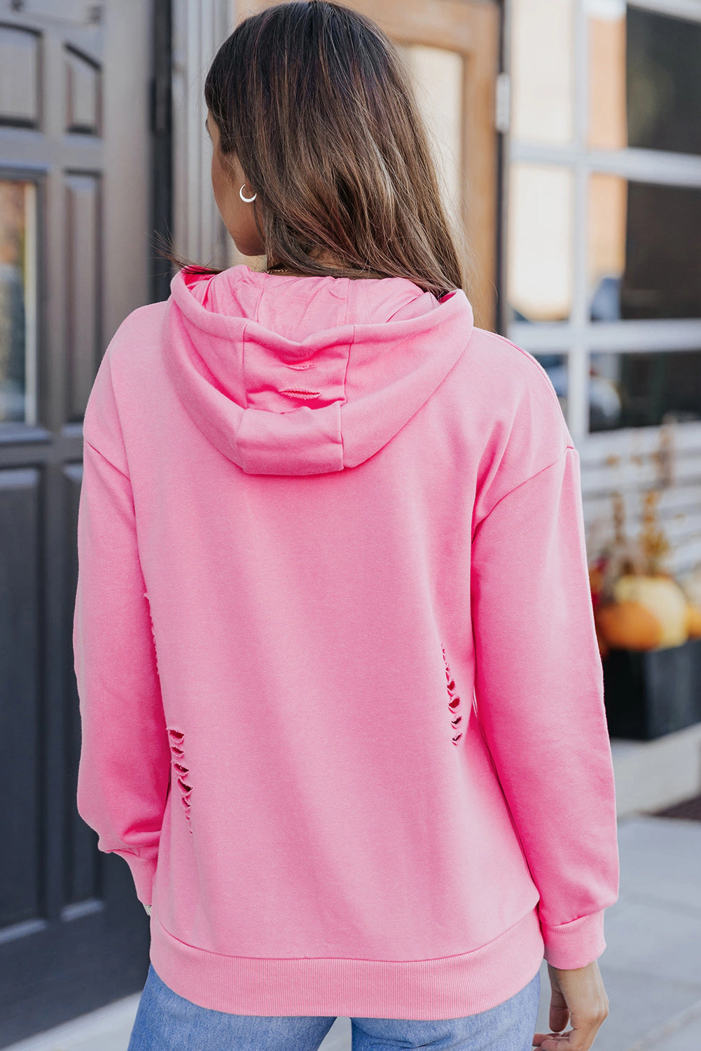 Sol Living Womens Solid Ripped Hooded Sweatshirt with Kangaroo Pocket