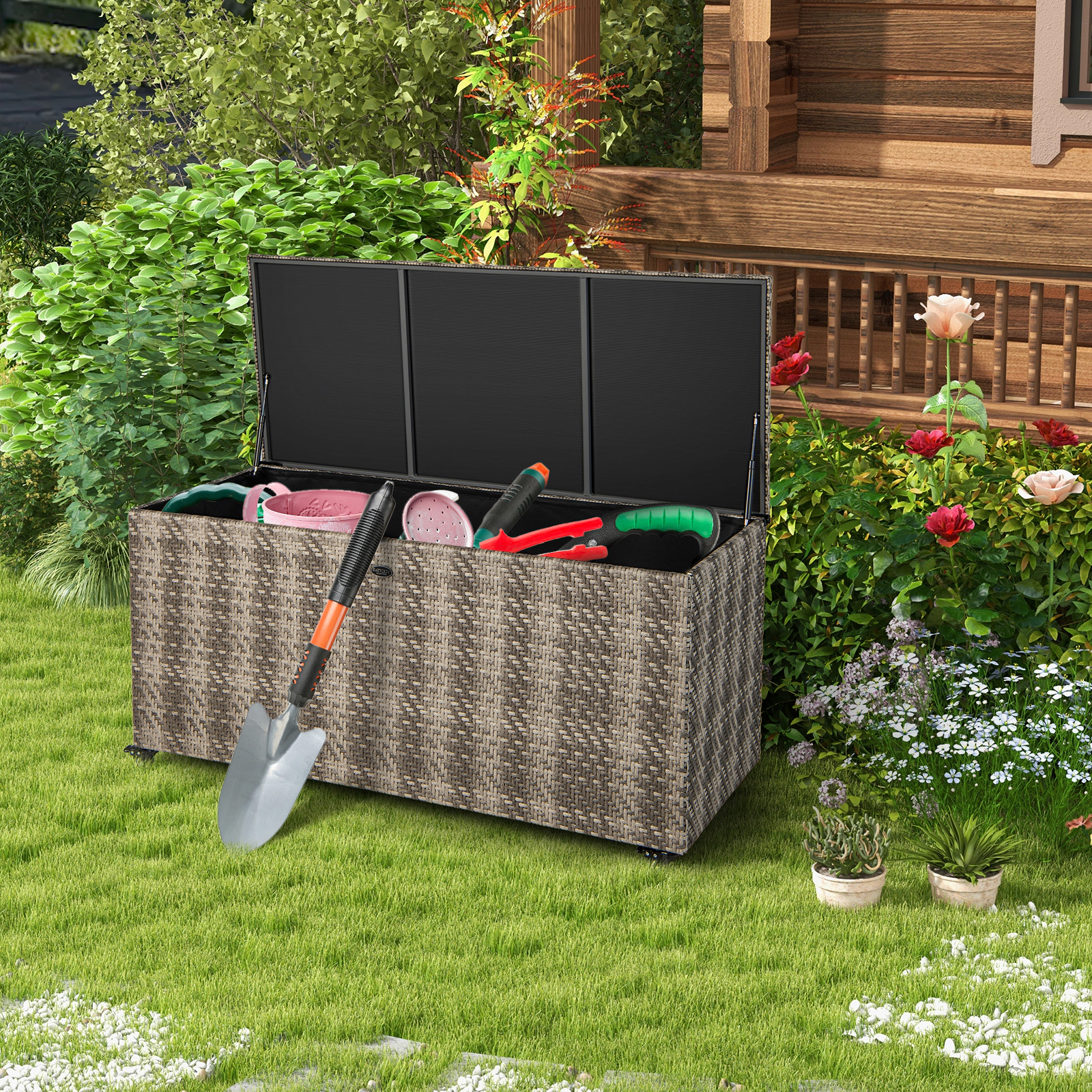 SUGIFT 96-Gallon 4 Wheels Waterproof Liner PE Wicker Outdoor Storage Box 52-in x 22-in x 25-in 35-lb Gray