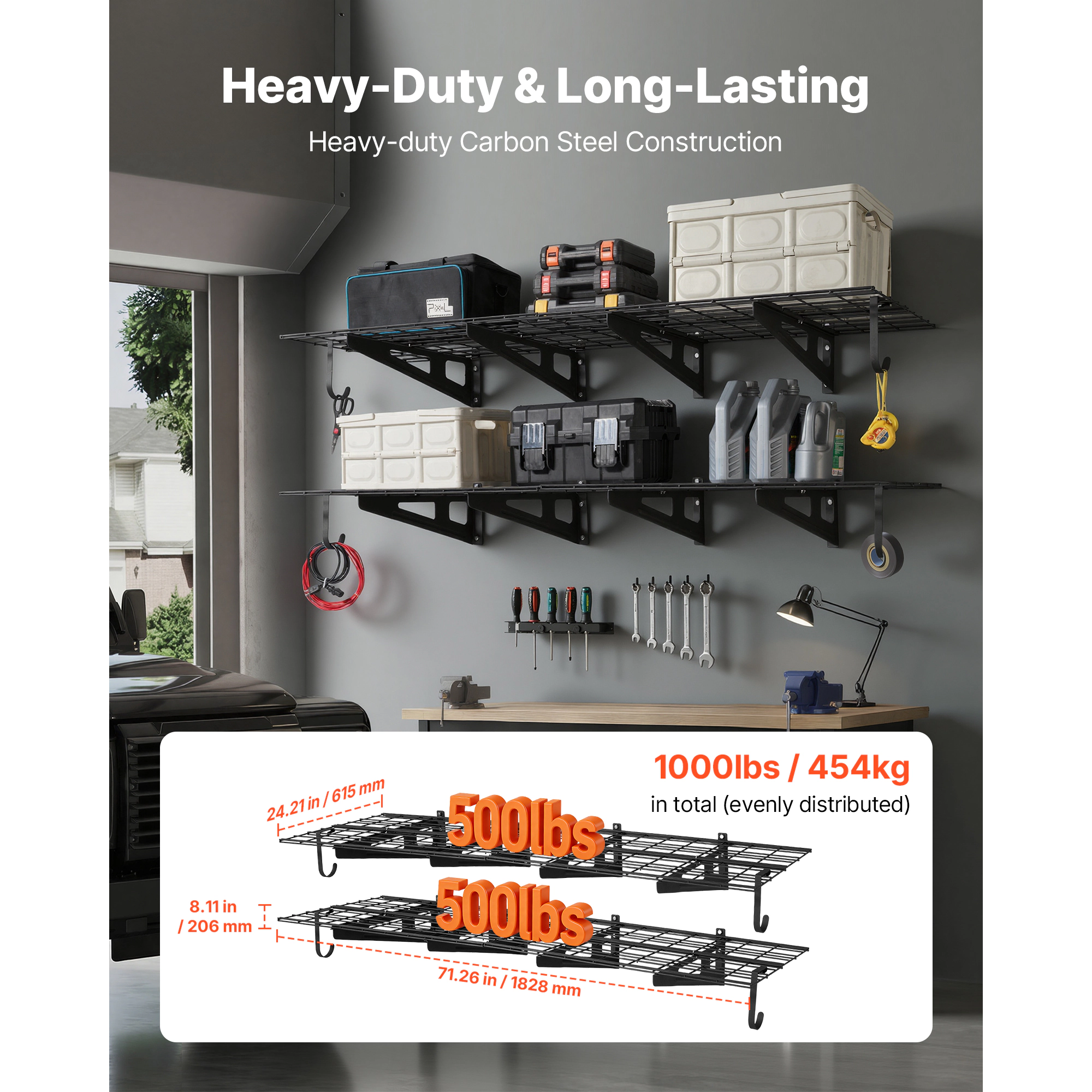 HONGGE 2-Tier Heavy Duty Wall Garage Shelving Steel Wall Mounted Shelving Unit with Hooks Per Shelf Floating Storage