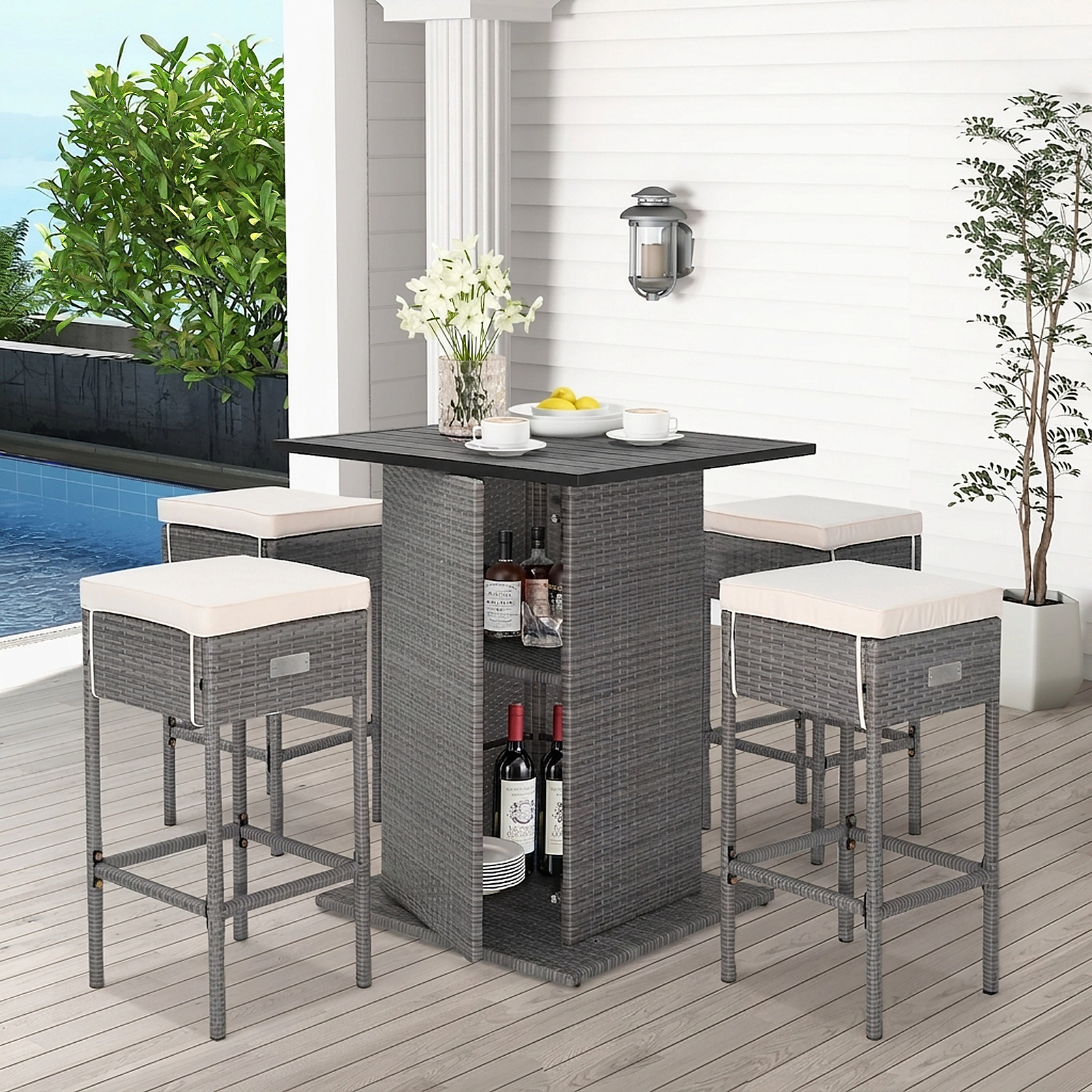 SUGIFT 5-Piece Gray Outdoor Wicker Bar Set, 40.5-in Table, Hidden Storage, 4 Cushioned Stools