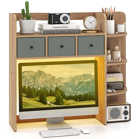 LJG Desktop Bookshelf with LED Lights 5-Tier Shelves and 3 Drawers for Home Officce