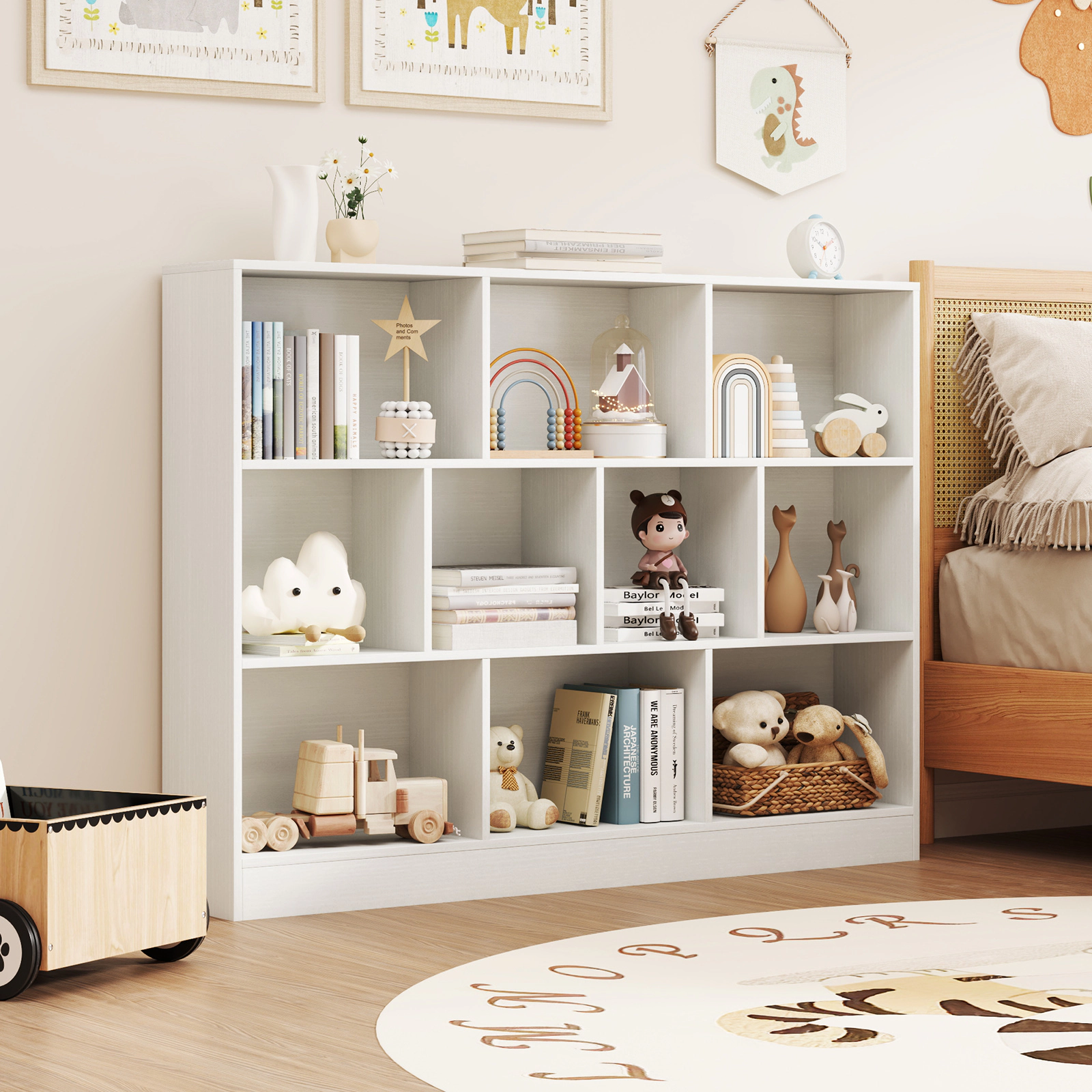 Hivvago 41 inches Wooden Toy Storage Organizer with 10 Cubes for Classroom Daycare Nursery Kindergarten