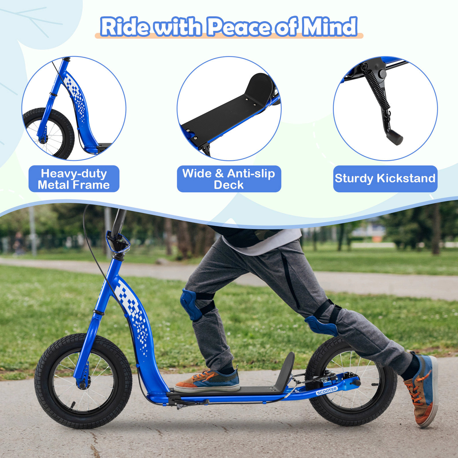 SUGIFT Kids Blue Youth Kick Scooter with 12-in Inflatable Tires 47-in W 32.5-in to 34.5-in H 165-lb Rider Capacity