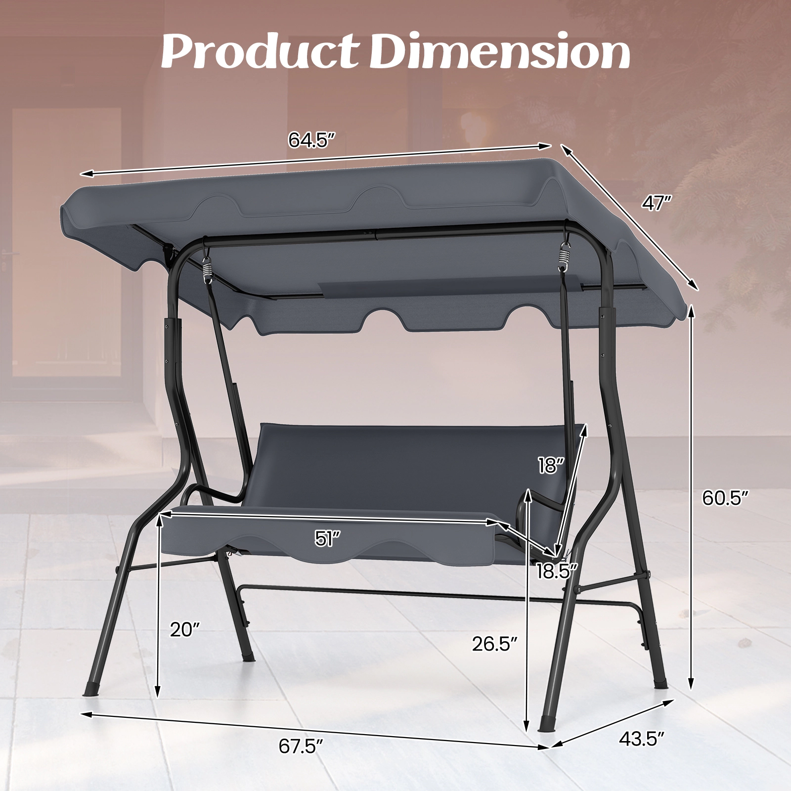 SUGIFT 3-Seat Outdoor Patio Canopy Swing with Cushioned Metal Frame 500-lb Capacity 67.5 x 43.5 x 60.5 in Gray