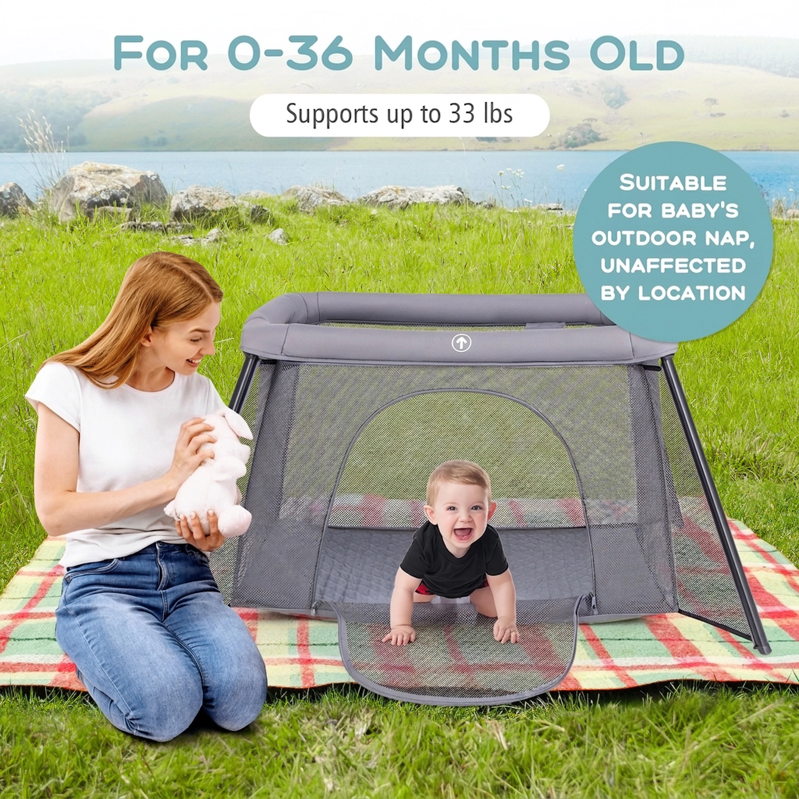 SUGIFT 2-in-1 Baby Playpen and Travel Crib 33-lb Capacity Ages 0-36 Months with Zippered Entrance and Padded Mattress