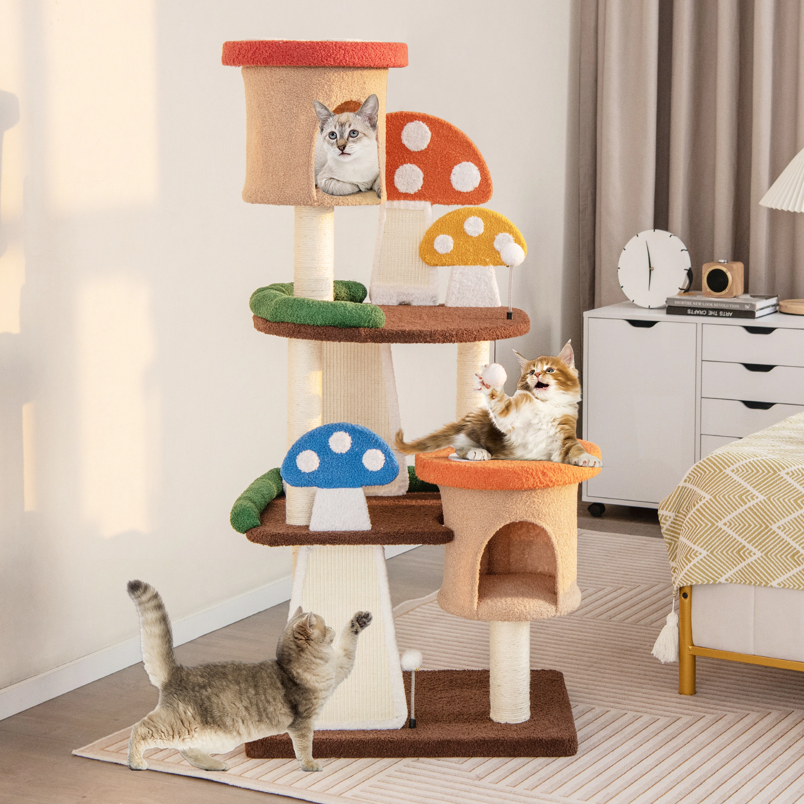 SUGIFT 57.5-in Tall 4-in-1 Cat Tree with 2 Condos 2 Platforms Sisal Boards and Mushroom Play Balls