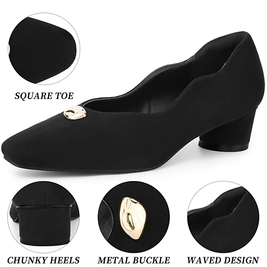 BLISSFUL STEP Women Faux Suede Square Toe Slip on Chunky Heel Low Heels Pumps