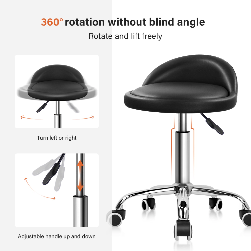 KKTONER PU Leather Round Rolling Stool with Back Rest Height Adjustable Swivel Drafting Work SPA Task Chair with Wheels