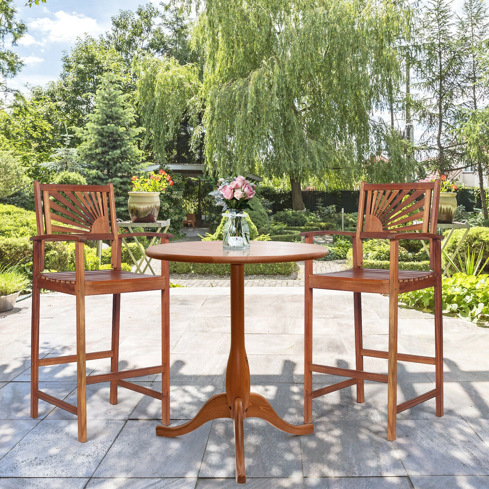 LJG 2 Pieces Outdoor Acacia Wood Bar Chairs with Sunflower Backrest and Armrests