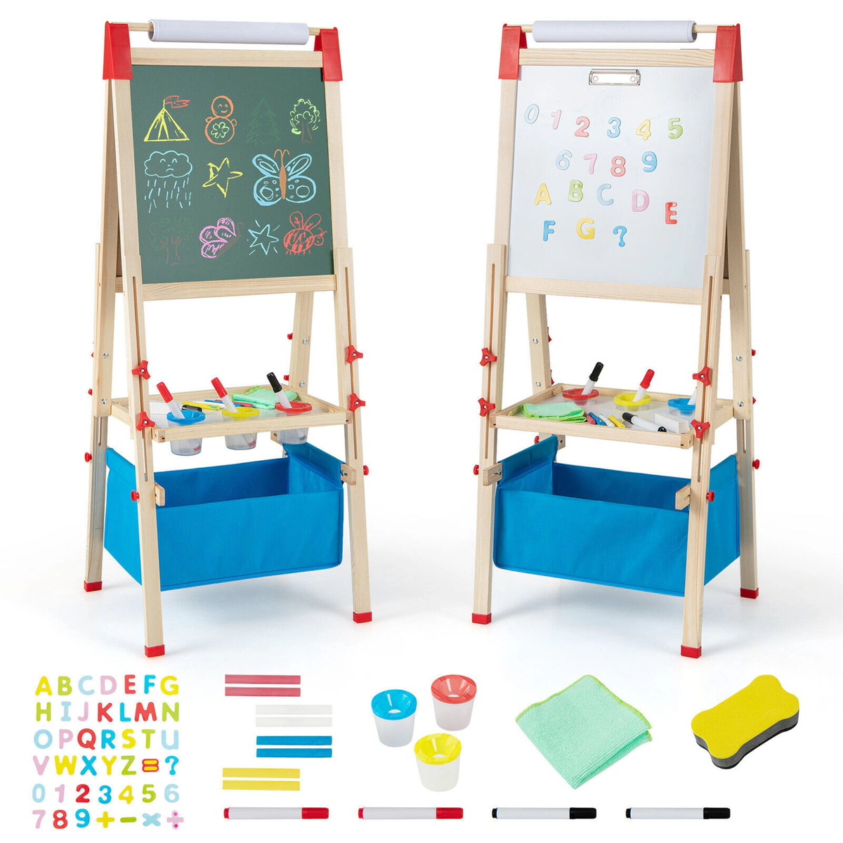 SUGIFT 3-in-1 Double-Sided Adjustable Kid Easel Magnetic Chalkboard & Whiteboard 40-49.5-in Tall Ages 3-8 Natural + Blue
