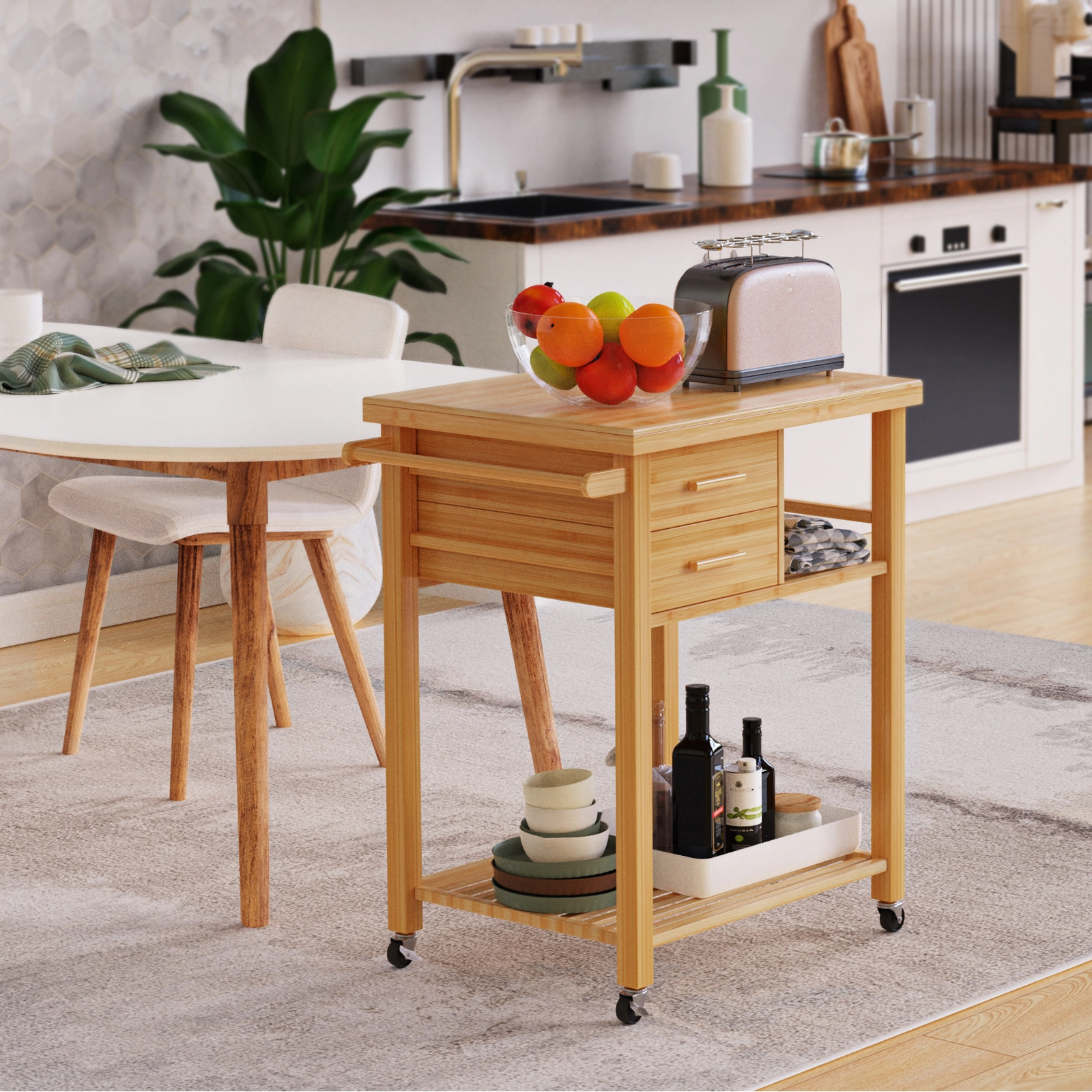 SUGIFT Natural Bamboo Kitchen Cart Trolley with Tower Rack Drawers and Casters 29-in W 21.5-in D 35.5-in H