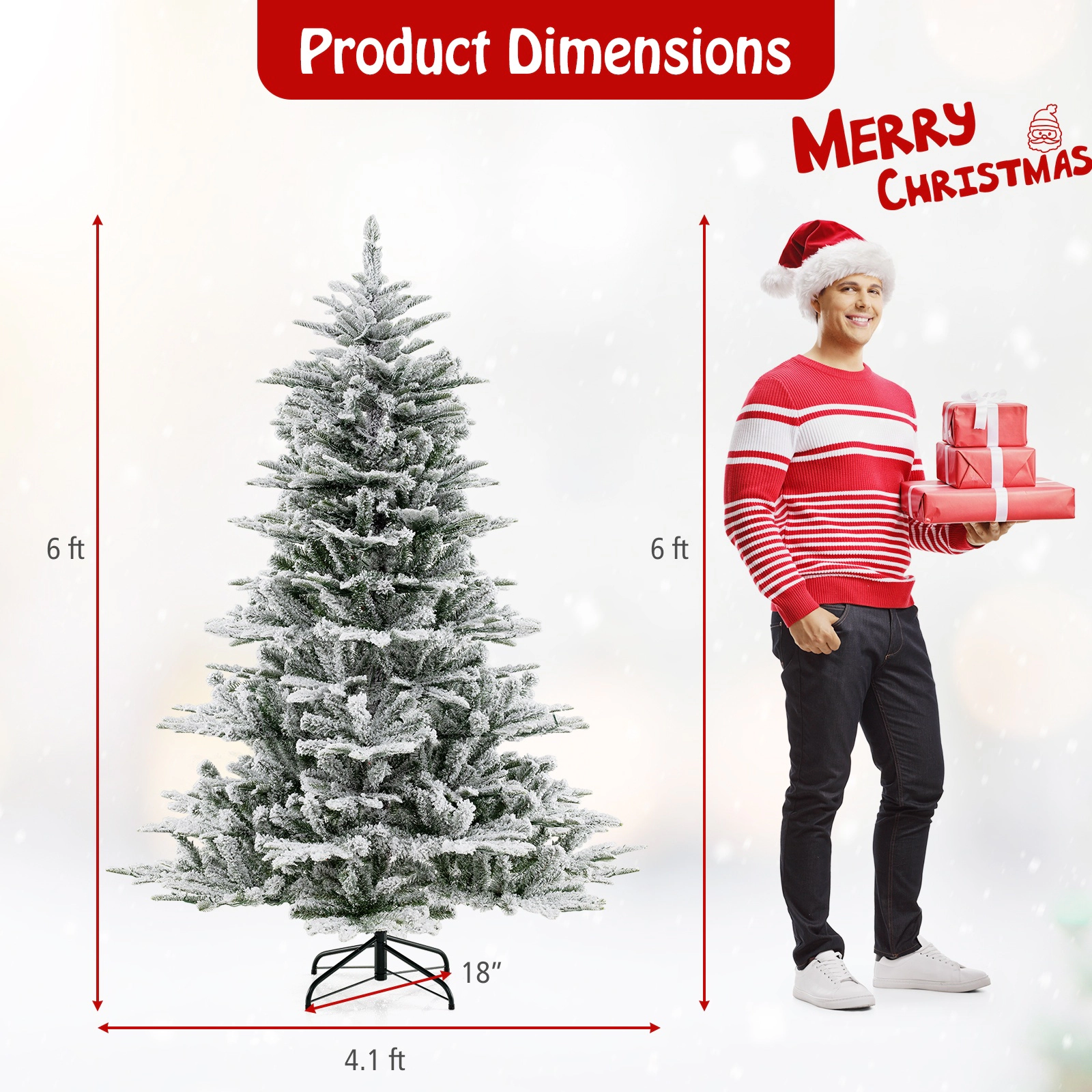 SUGIFT Snow Flocked Artificial Christmas Tree 6-ft Tall with 3-Section Hinged Frame Cool White LED Lights Green+White