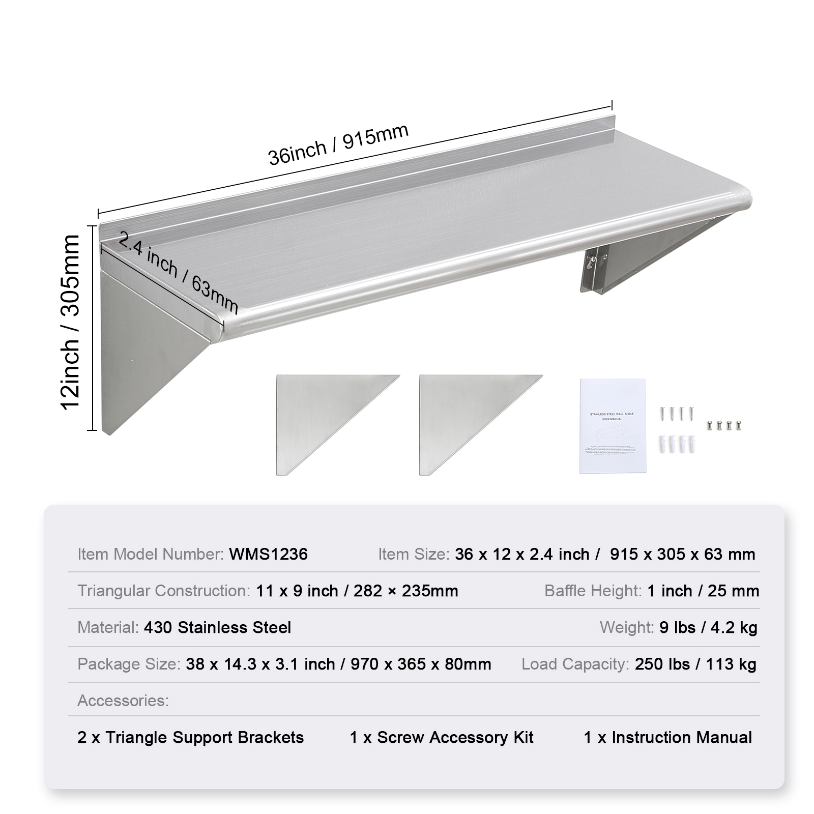 HONGGE Heavy Duty Stainless Steel Wall Mounted Floating Shelving with Brackets for Commercial Storage
