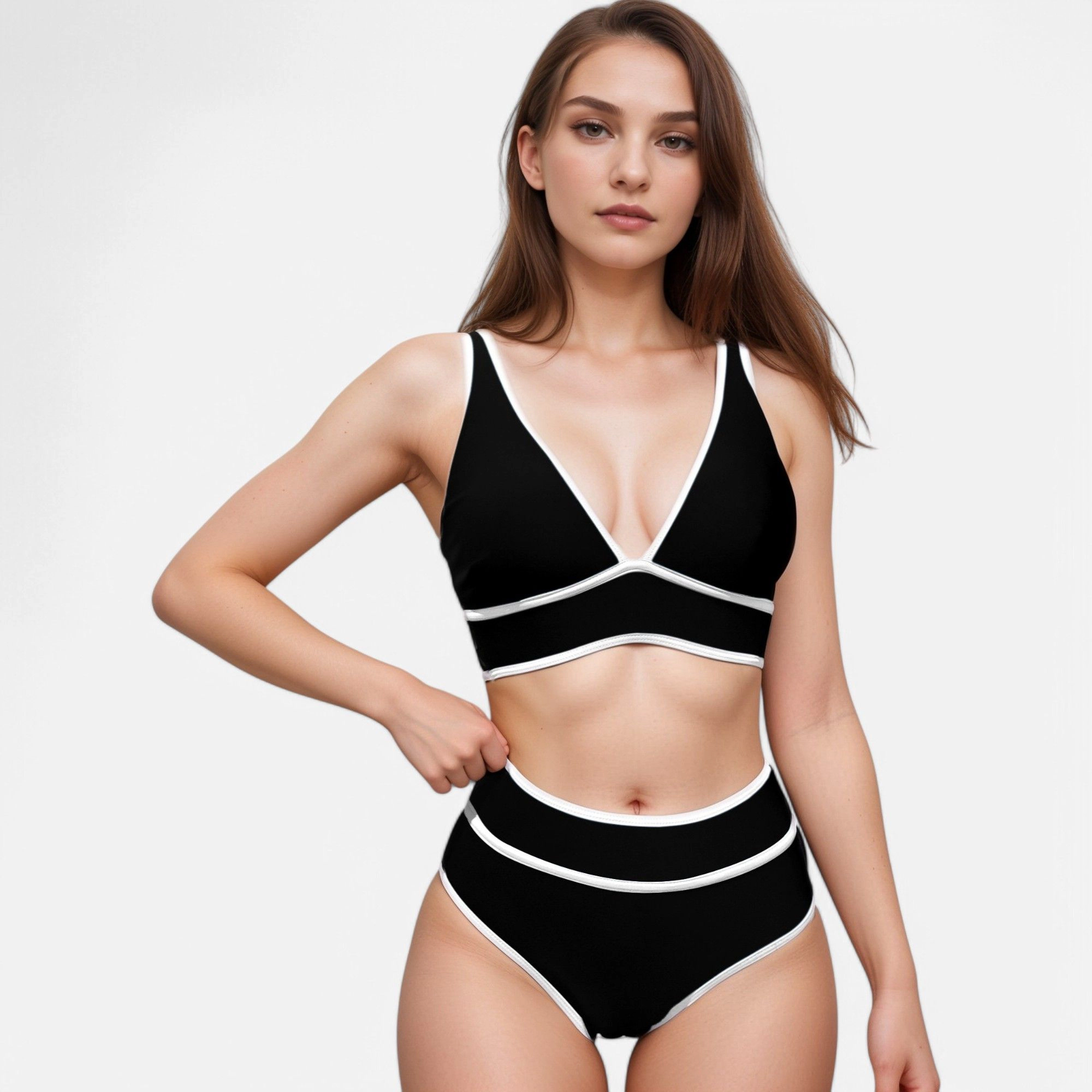 Anna-Kaci Women High Waist Colorblock Bikini Set with Wide Band Triangle Top