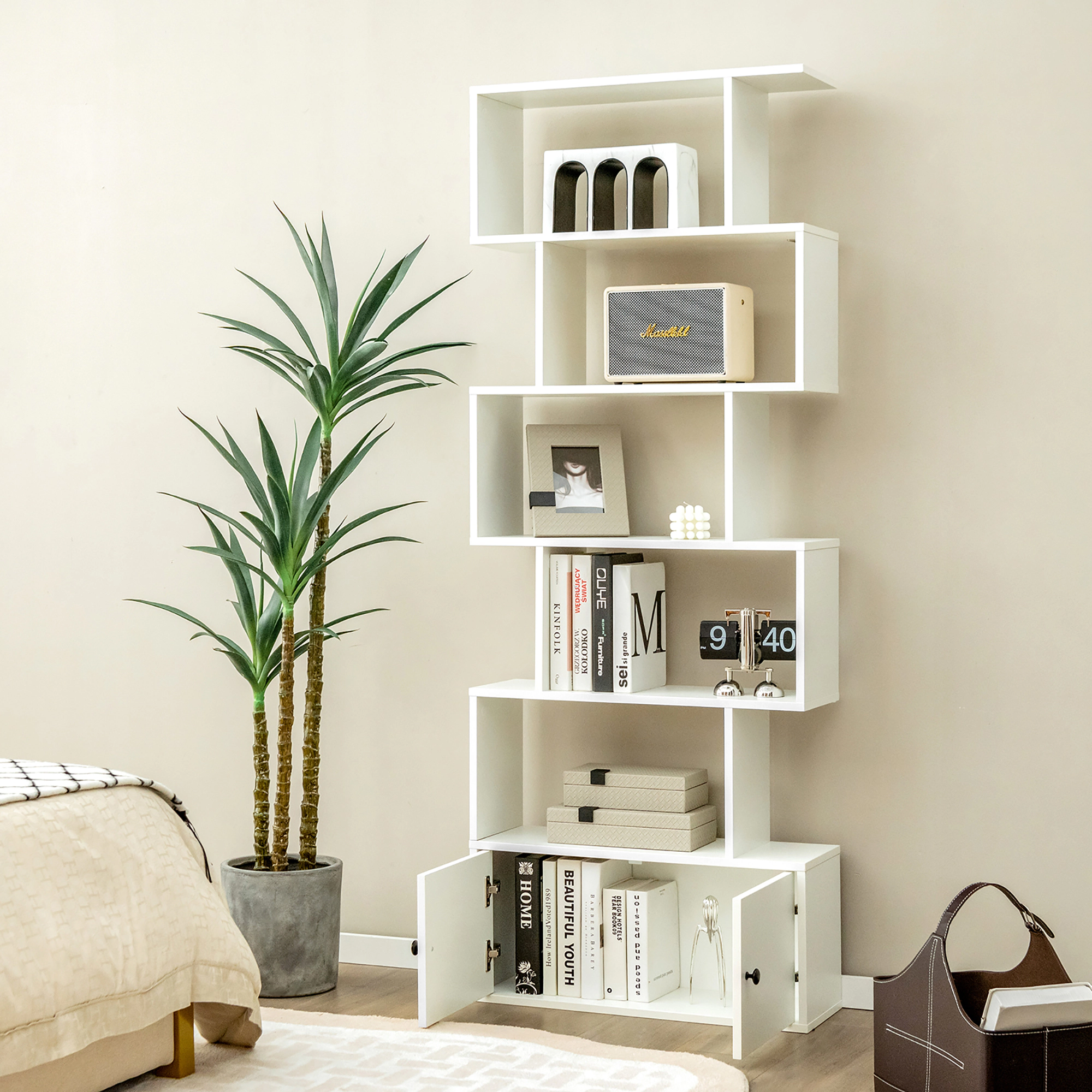 Costway Bookshelf with Cabinet 6-Tier S-Shaped Bookcase Storage Rack White