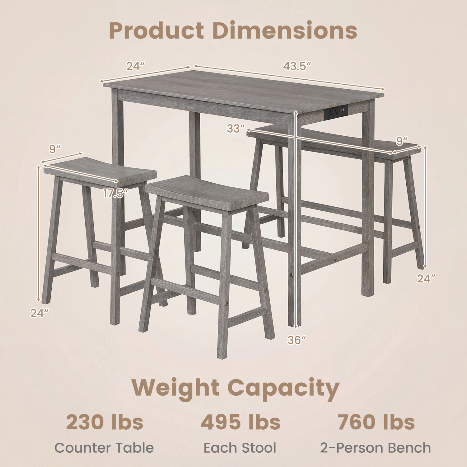 LJG 4-Piece Counter Height Dining Table Set with Power Outlet Solid Rubber Wood Kitchen