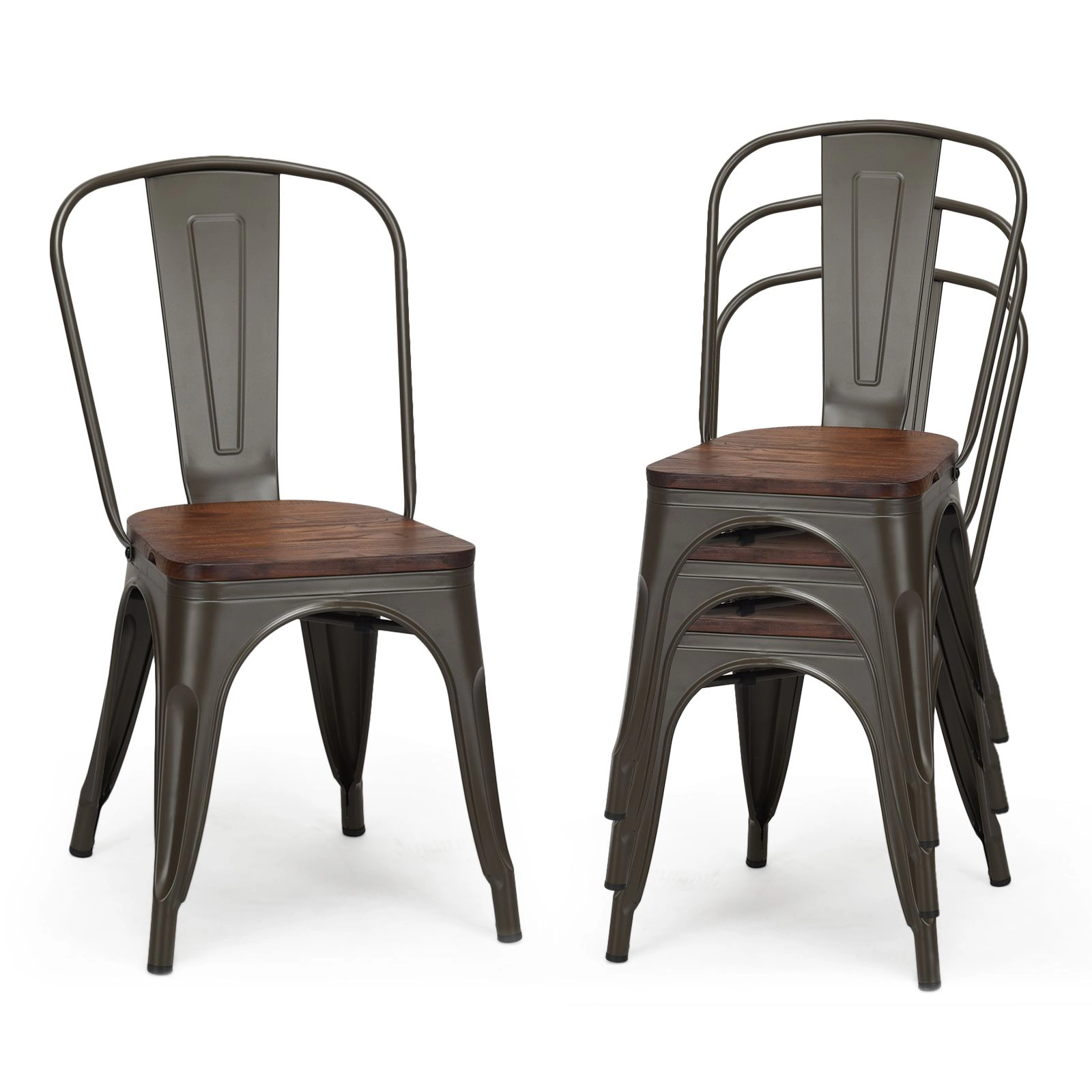 SlickBlue Set of 2 Metal Dining Chairs, Dark Green Steel Frame Wood Seat
