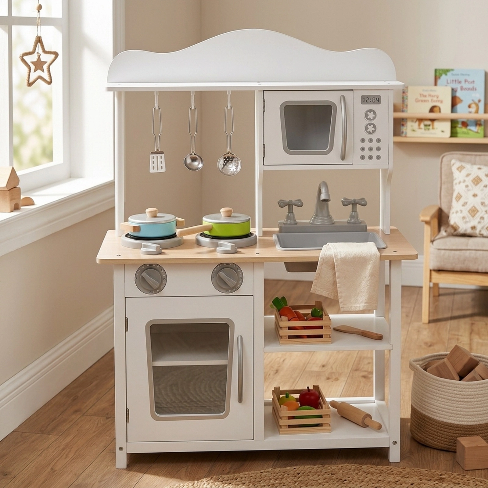 Wooden Pretend Play Kitchen Set for Kids Sink Oven Clicking Stove Knobs 2-Tier Shelf 23.5-in x 12-in x 32.5-in White