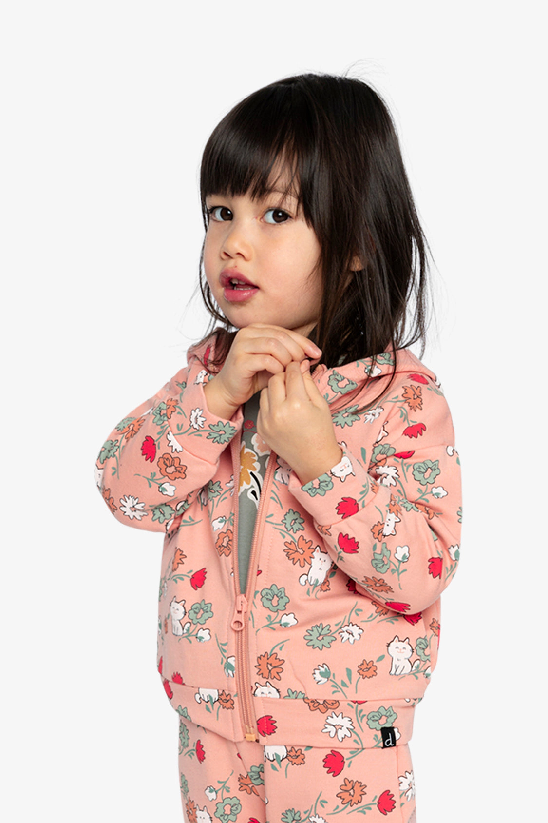 Deux par Girls French Terry Hooded Zip Cardigan with Cat Print