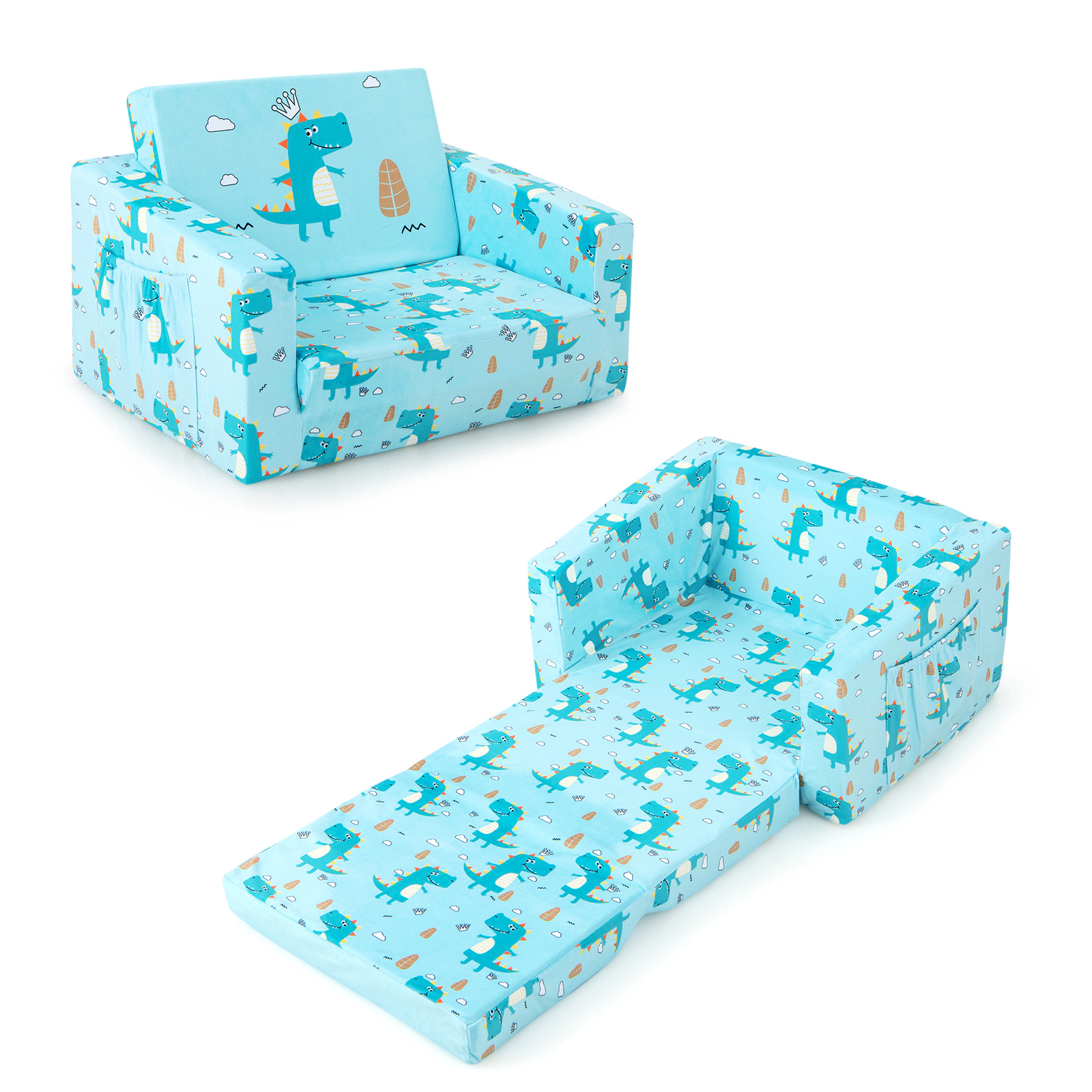 SUGIFT Blue Dinosaur Velvet Convertible Toddler Couch Sleeper, 110 lb Capacity